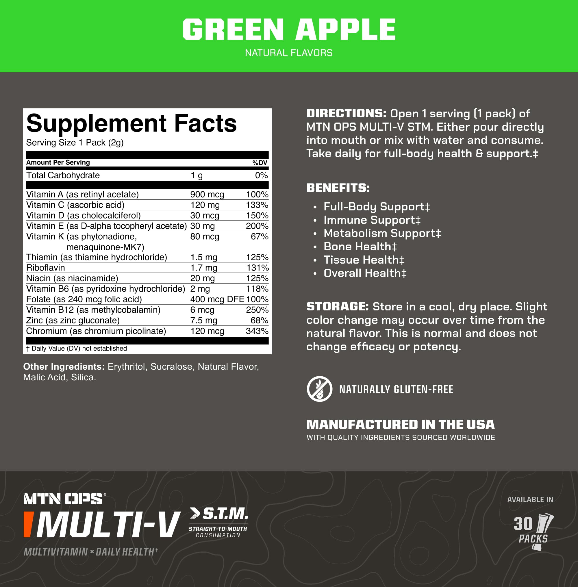 MTN OPS Multi‑V STM On‑the‑Go Daily Multivitamin for Men, Women & Kids – Straight‑to‑Mouth Vitamin C D3 B Zinc Packs – Gluten Free, Natural Flavors, 30 Servings MTN OPS Au supplements
