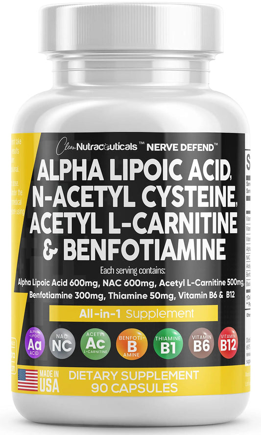 Alpha Lipoic Acid 600mg N-Acetyl Cysteine 600mg Acetyl L-Carnitine 500mg Benfotiamine 300mg - Nerve Support Supplement for Women and Men Clean NutraceuticalsAU supplements