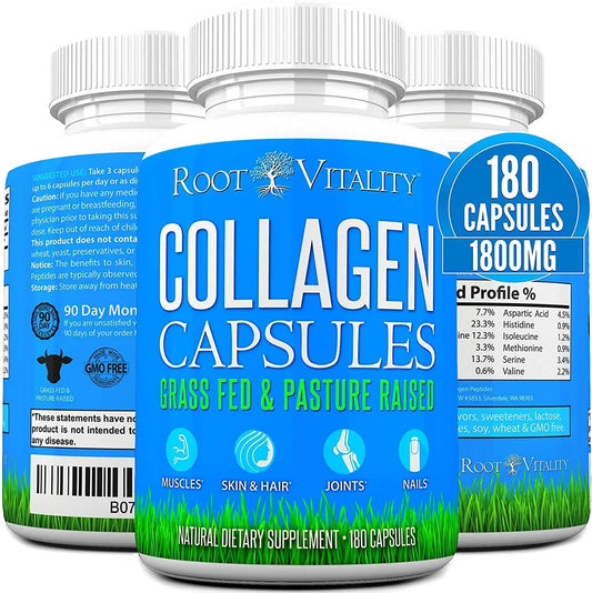 Root Vitality Collagen Peptides Capsules - Grass-Fed, Pasture-Raised Hydrolyzed Protein Supplement for Skin, Hair, & Nails - Non-GMO, Zero Sugar Daily Pills for Men & Women (180 Capsules) Root VitalityUS supplements