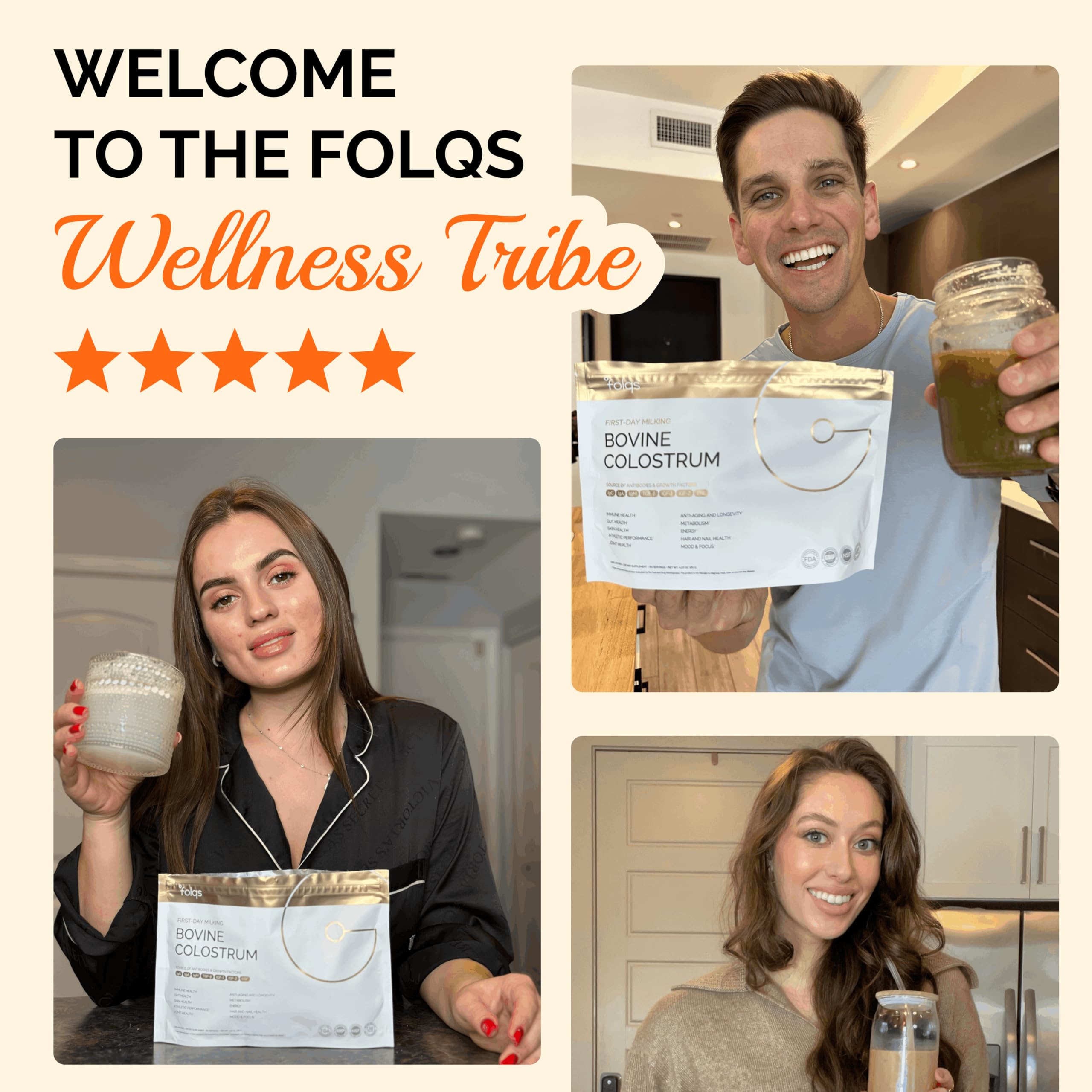 Folqs Bovine Colostrum Powder – First-Day Milking for Immune & Gut Support – 60 Servings – Supports Skin & Tissue Health – Made in USA - Amino Acids, Vitamins, Minerals – Kosher - Sustainably Sourced Folqs Au supplements