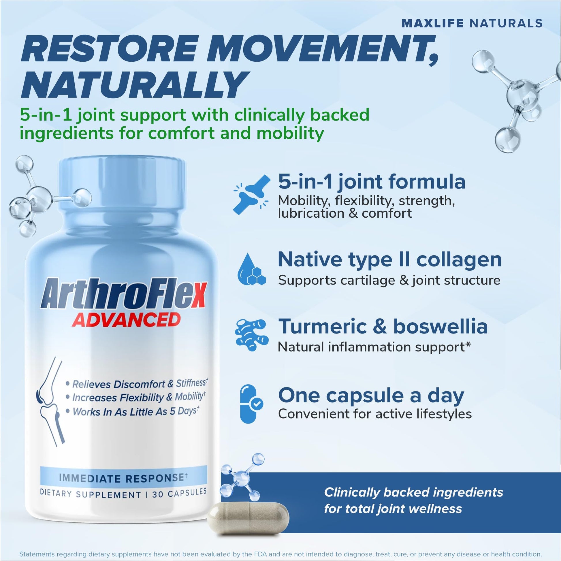 MAXLIFE NATURALS ArthroFlex Advanced Joint Health Supplement – 30 Capsules - Vital Joint Supplements for Women and Men, Type II Collagen Cartilage Supplement, Made in USA Health Care Supplements MAXLIFE NATURALS Au supplements