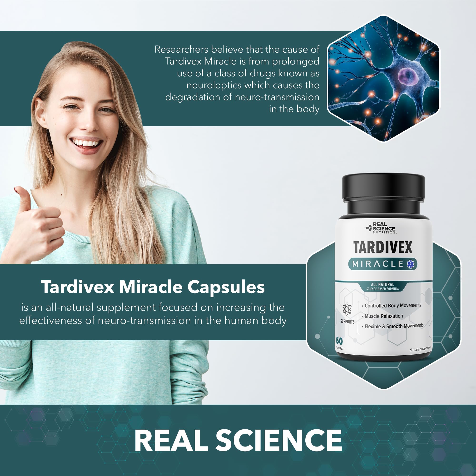 Real Science Tardivex All Natural Nerve Support Supplement for Neurological Balance - Includes Vinitrox, GABA & Essential Vitamins for Controlled Movement & Coordination - Made in USA, 60 Caps Real Science Nutrition Au supplements