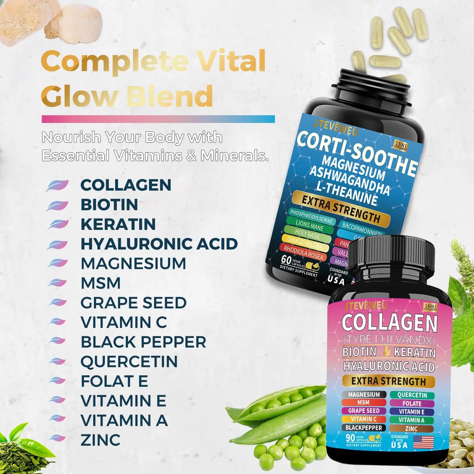 JTEVEweu Shining Serenity Set, Cortisol Support with Ashwagandha, L-Theanine, Magnesium, Lions Mane, GABA, Bacopa Monnieri, Collagen Biotin, Keratin, Hyaluronic Acid, Quercetin JTEVEweu Au supplements