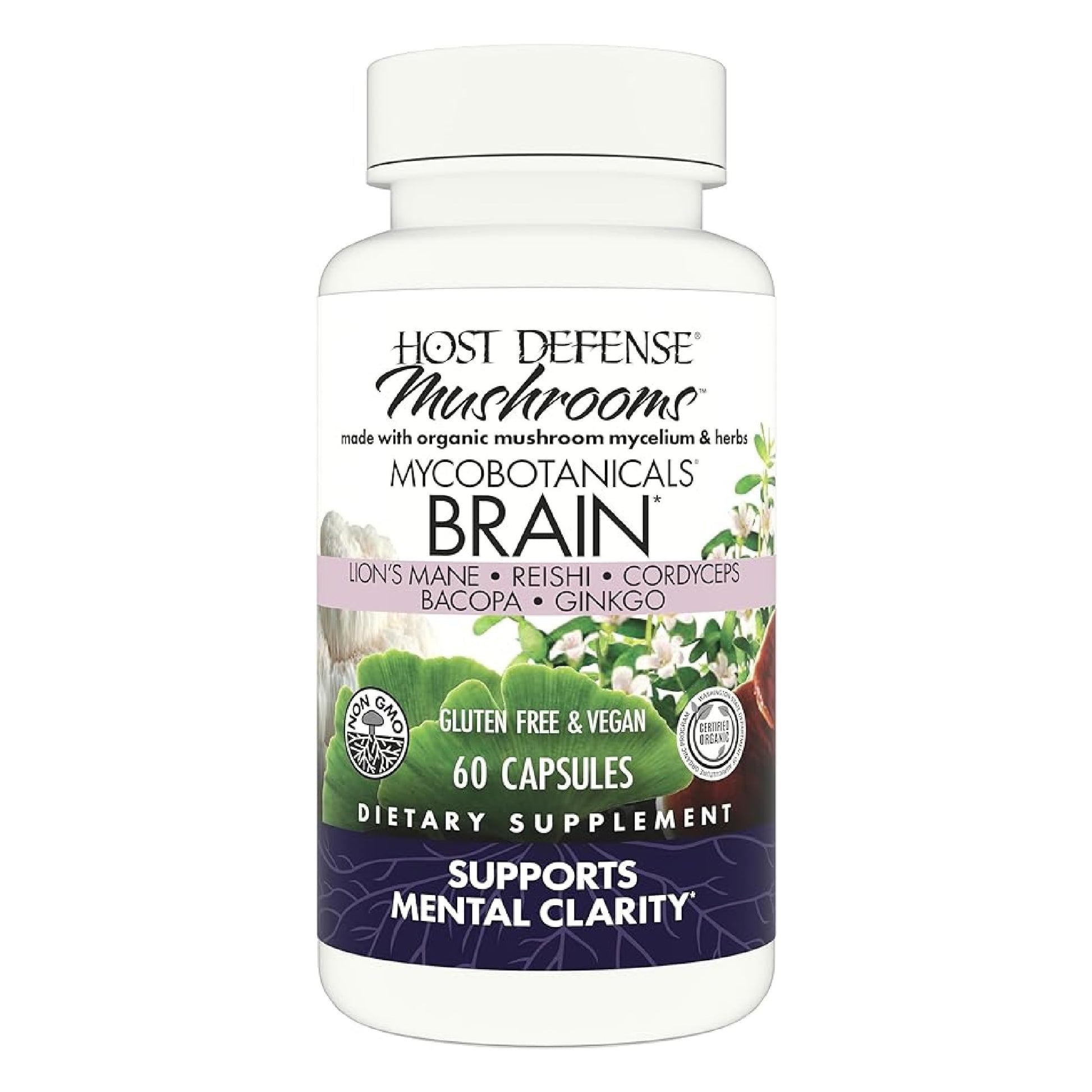 Host Defense MycoBotanicals Brain* Capsules - Brain Support Supplement with Lion's Mane, Reishi & Cordyceps Mushroom - Herbal Supplement for Memory & Focus Support - 60 Capsules Host Defense Au supplements