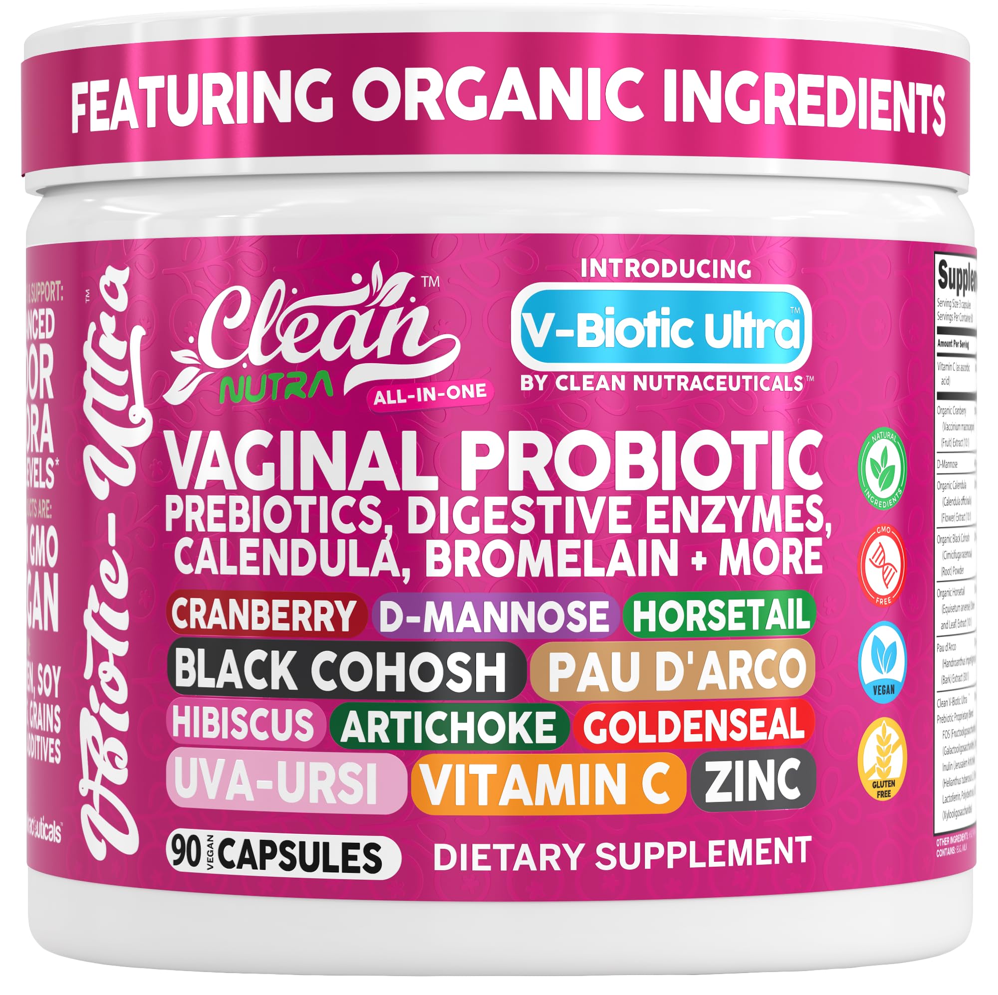 Clean Nutra Vaginal Probiotics for Women + Prebiotics Digestive Enzymes Bromelain Cranberry D Mannose Horsetail Black Cohosh Artichoke Hibiscus Flowers Probiotic for Digestive Health 90 Vegan Capsules Clean Nutraceuticals Au supplements