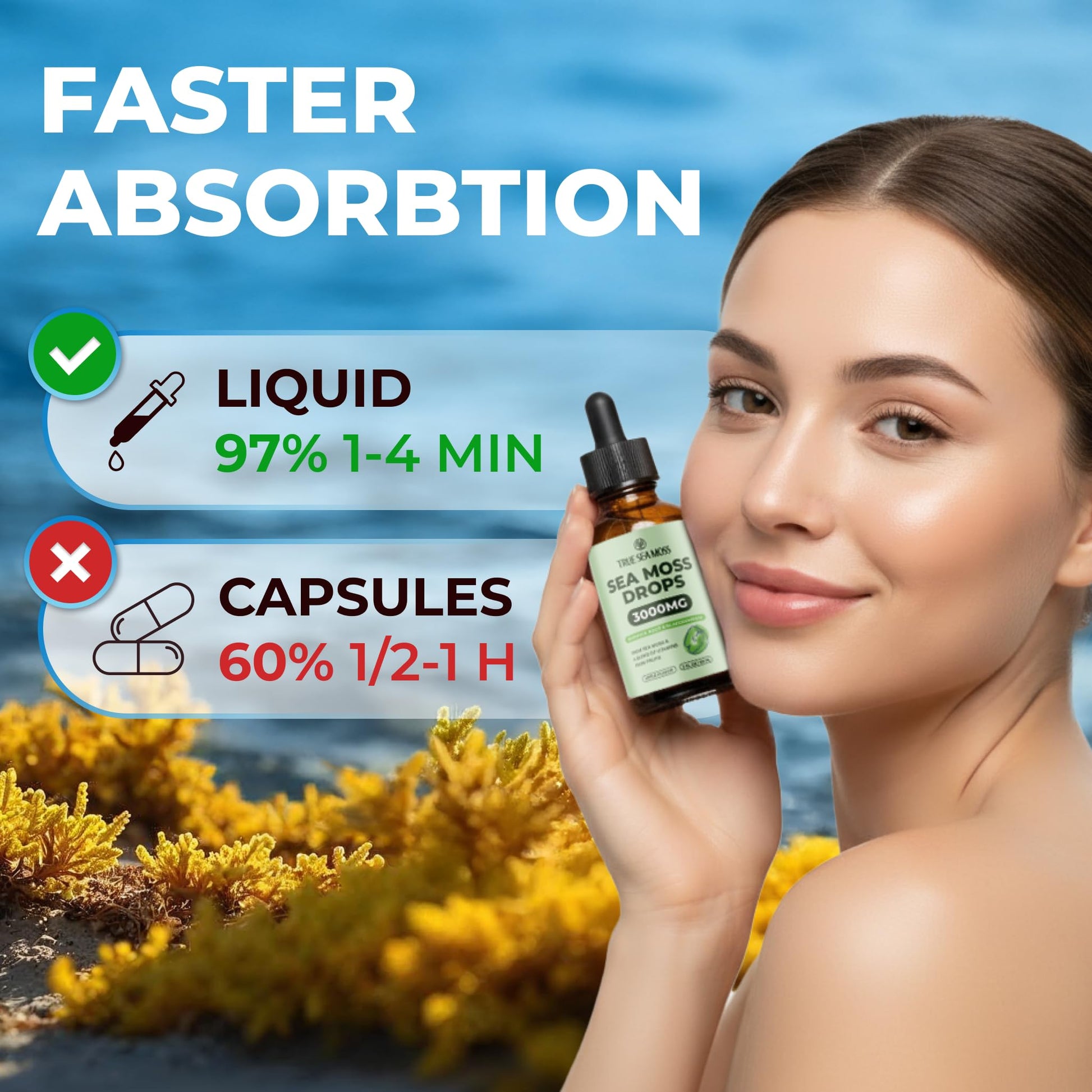 Irish Sea Moss Liquid Drops - 3000mg Formula - with Bladderwrack, Burdock Root & Black Cumin Seed - Liquid Supplement - Apple Flavor - 2 Fl Oz (60ml) TrueSeaMoss Au supplements
