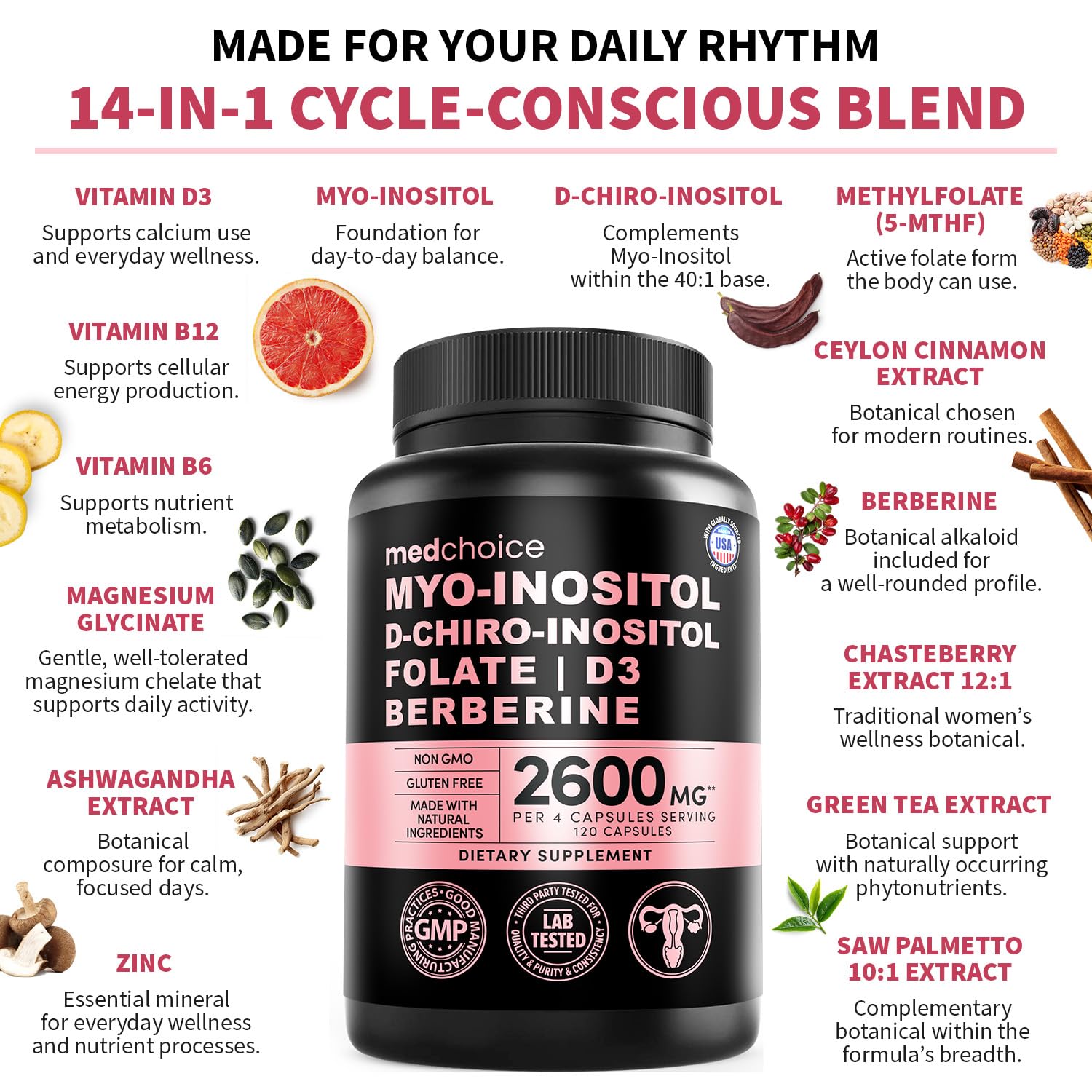14-in-1 Women’s Inositol Complex Supplement – 40:1 Myo & D-Chiro Inositol with Folate, Vitamin D3, Zinc, Magnesium & Botanicals for Hormone & Feminine Wellness Support – (120 Capsules) (Pack of 1) MEDCHOICE Au supplements