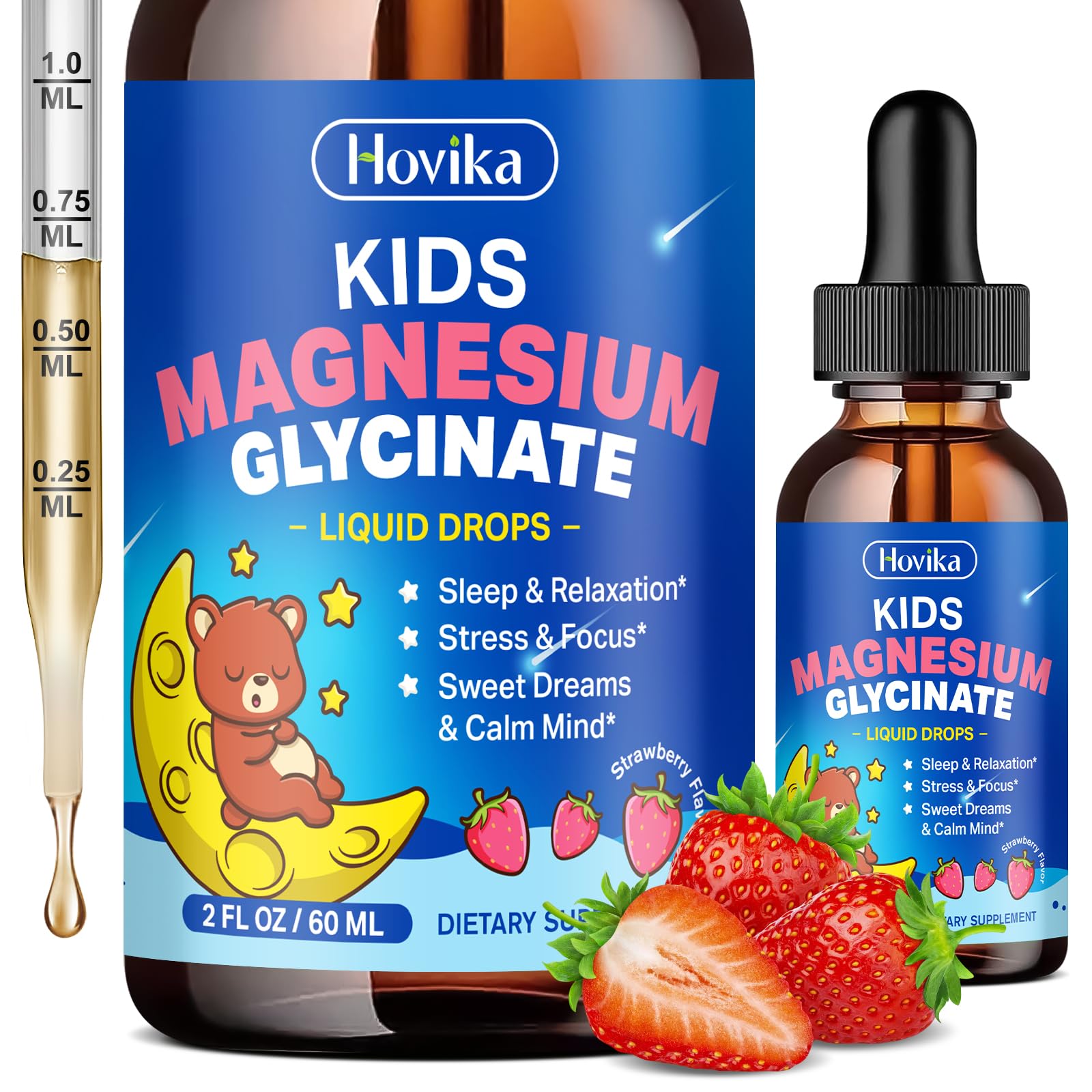 Magnesium Glycinate Liquid for Kids - with L-Theanine Omega-3, Vitamin B6, D3, Zinc - Kids Magnesium Drops for Sleep, Relaxation, Calm & Focus - 2 Fl Oz, Strawberry Flavor Hovika Au supplements