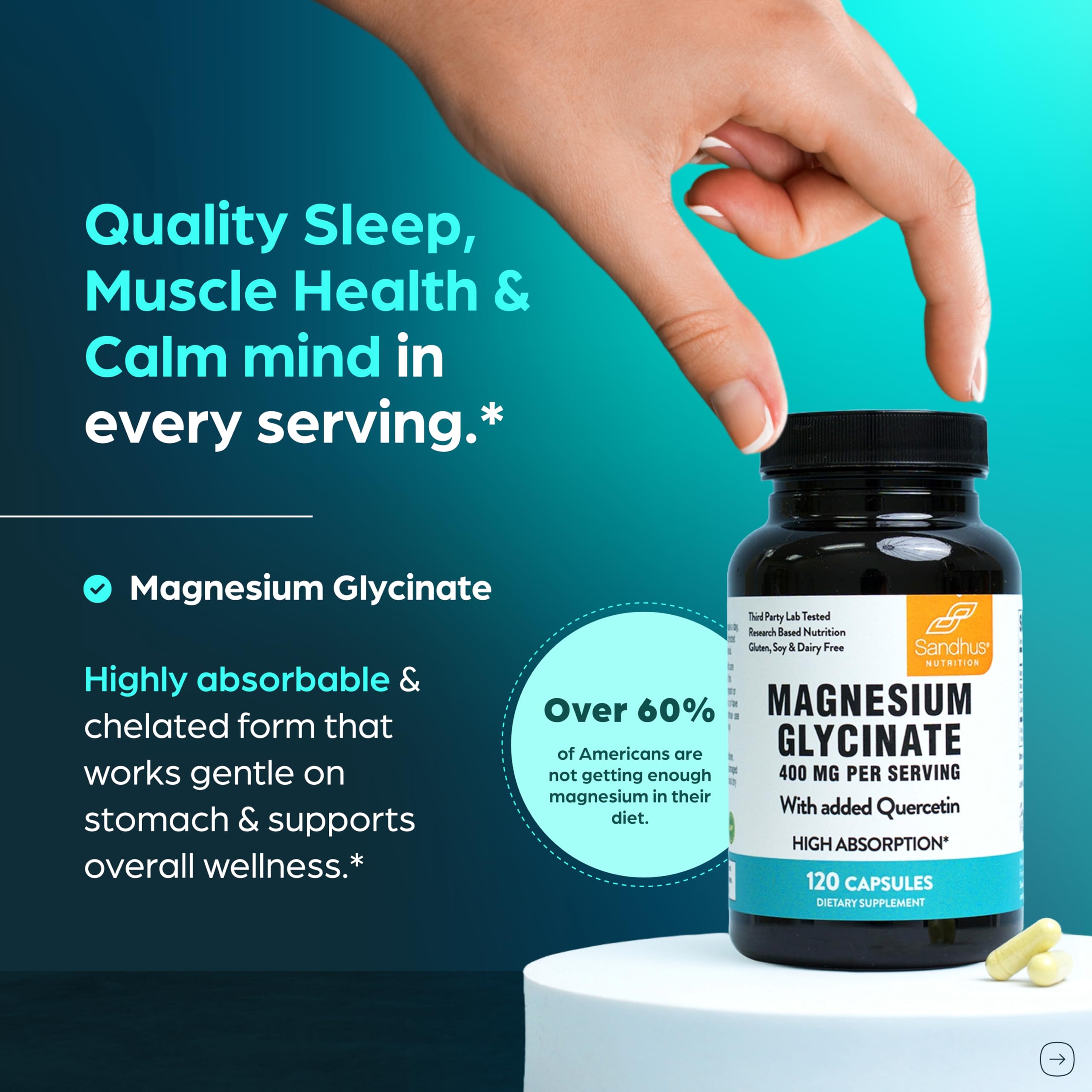 Magnesium Glycinate 400mg High Absorption Capsules with Quercetin | Quality Sleep, Relaxation & Muscle Health Supplement for Women and Men | Chelated Magnesium 120 Count (Pack of 1) | Easy to Swallow Sandhu's Au supplements
