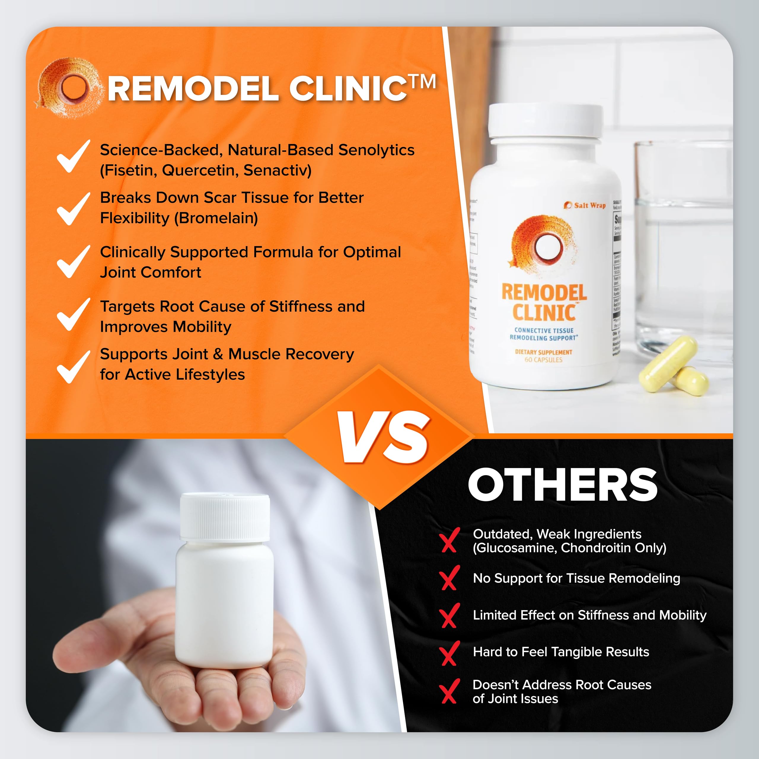 SaltWrap Remodel Clinic - Joint Remodeling Supplement for Senescent Cell Removal and Scar Tissue - Improve Mobility, Reduce Connective Tissue Stiffness - Fisetin, Quercetin, Bromelain - 60 Capsules SaltWrap Au supplements