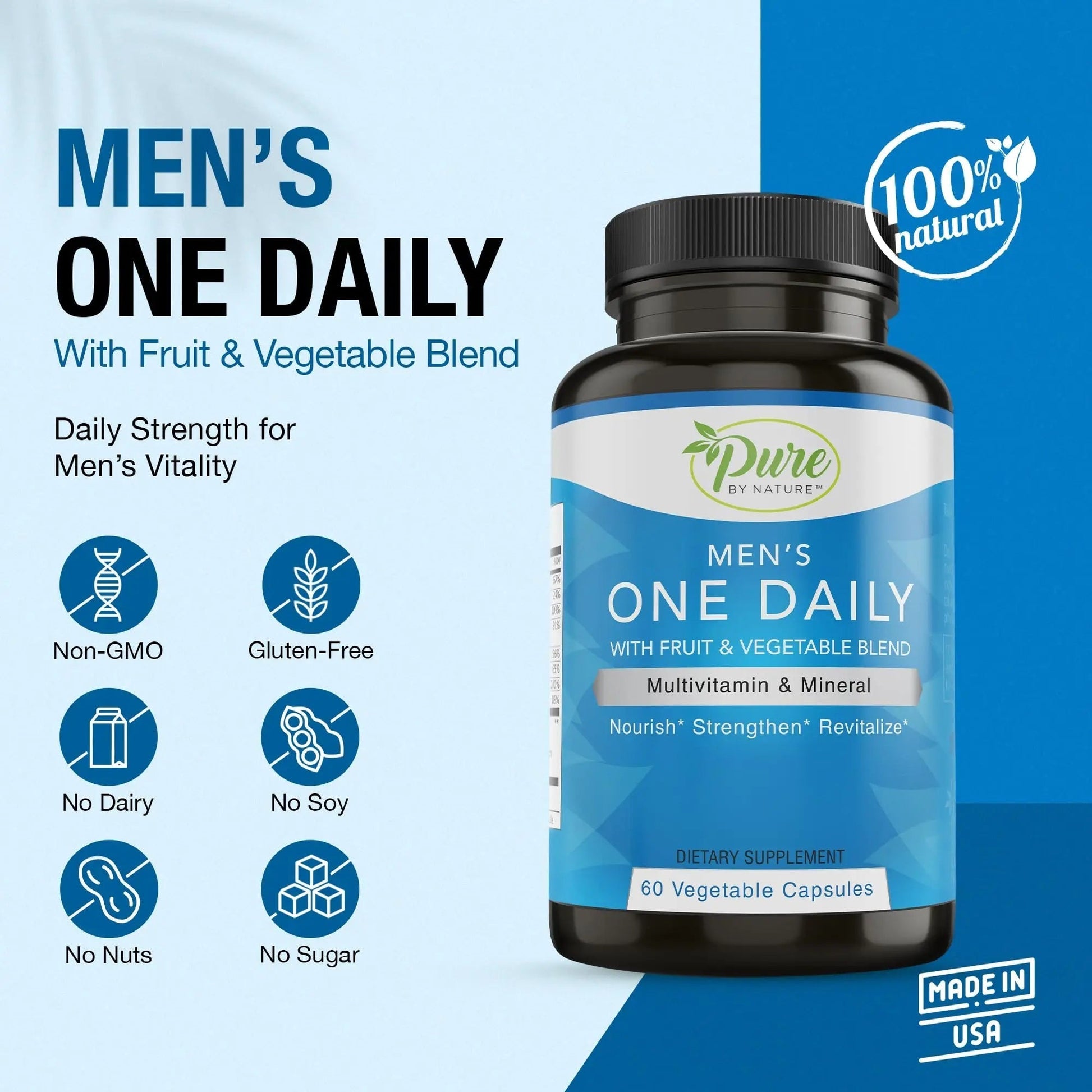 Pure By Nature One-Daily Multivitamin for Men, Immune Support Supplement with Non-GMO Ingredient, Vitamin & Minerals for Energy, 60 Veggie Capsules Pure By Nature Au supplements