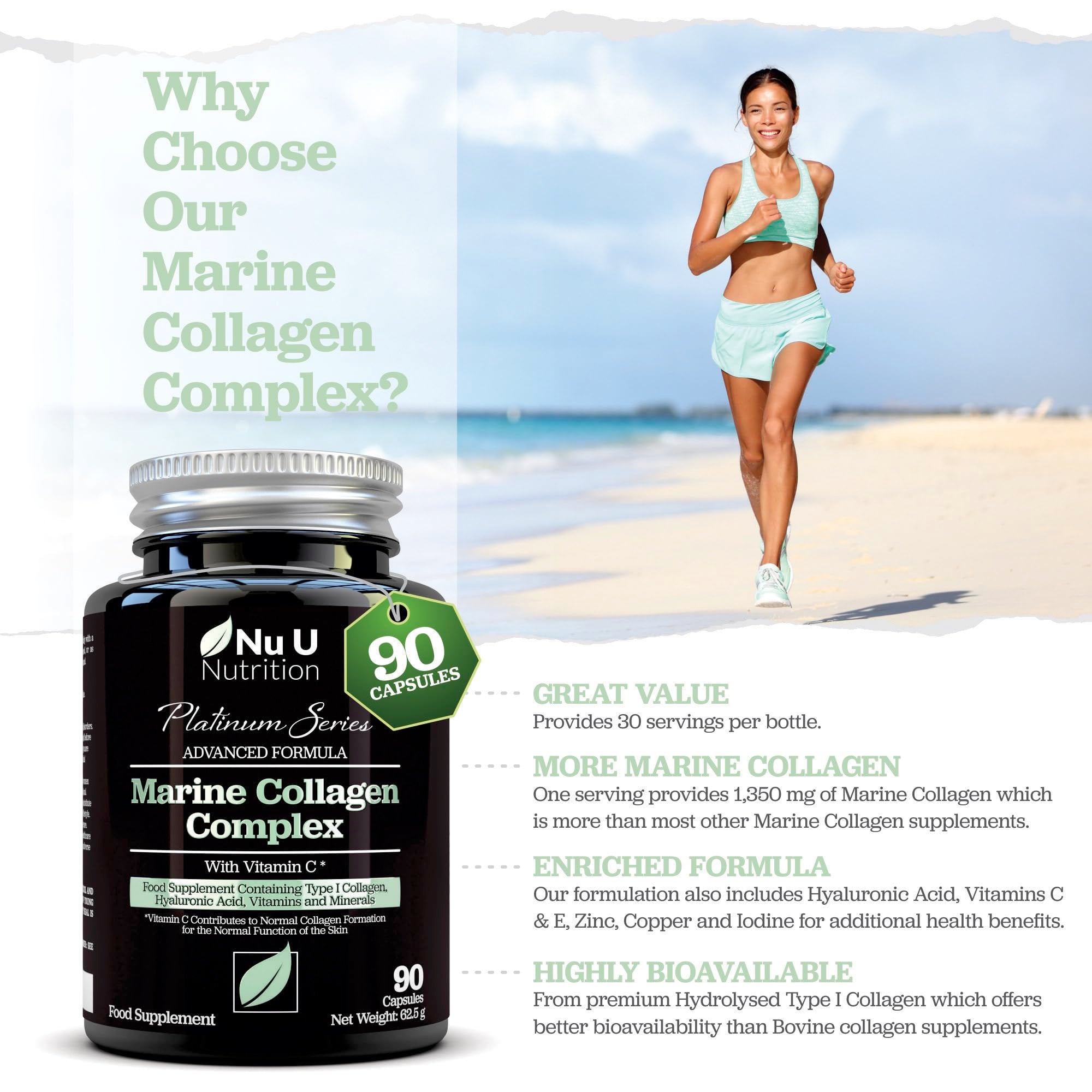 Marine Collagen with Hyaluronic Acid, Vitamin C - 90 Hydrolysed Capsules (not Tablets Nu U Nutrition Au supplements