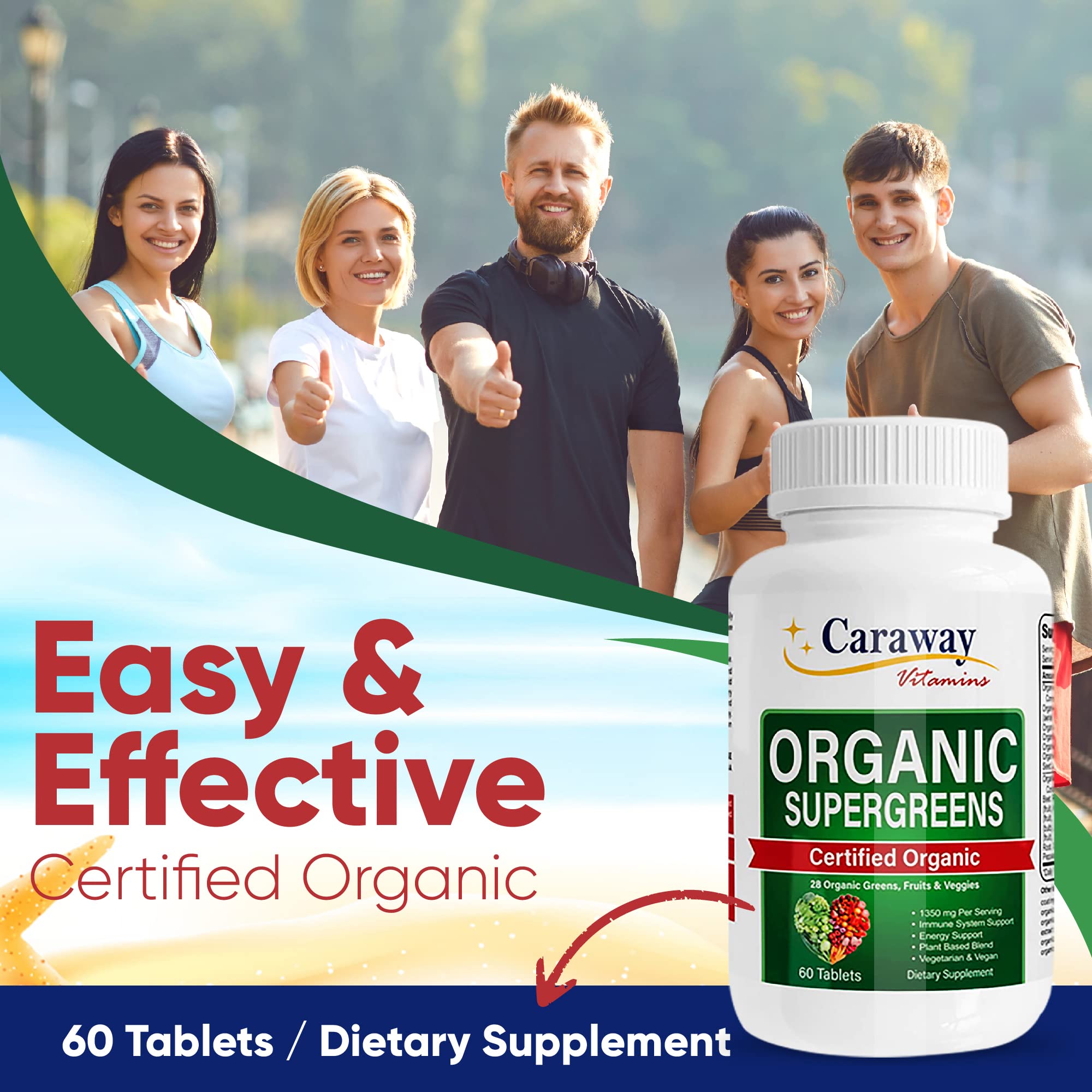 Organic Superfoods Vitamins Super Greens Complex by Caraway Vitamins 1,350 mg per Serving 28 Fruits Vegetables Greens 60 Count Tablets Non-GMO Natural for Men & Women Caraway Vitamins Au supplements