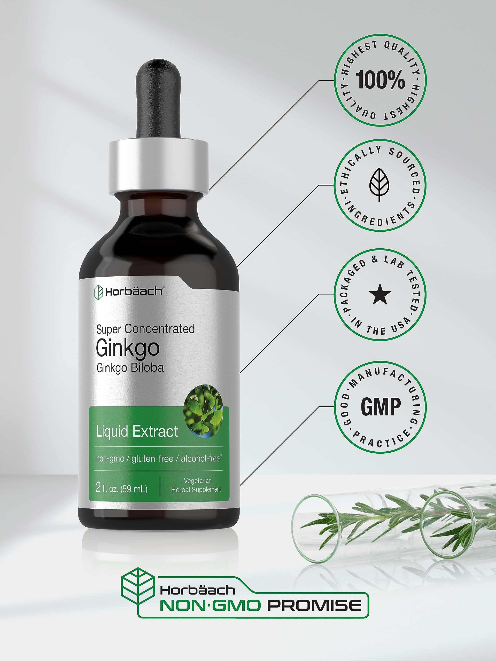 Ginkgo Biloba Extract Liquid 2 fl oz | Alcohol-Free Herb Supplement | Vegetarian Horbäach Au supplements
