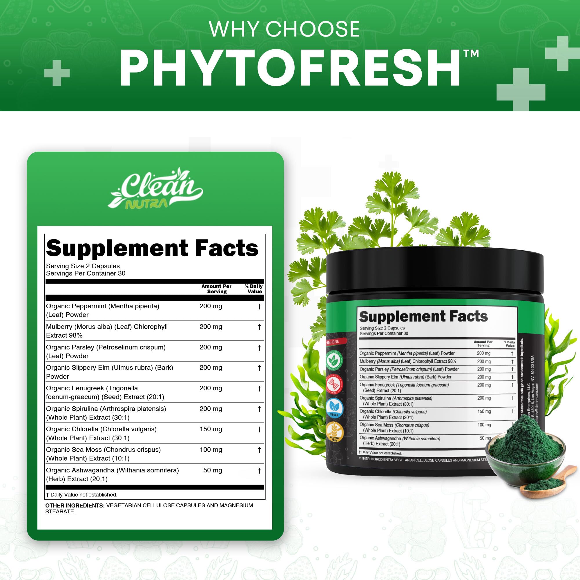 Clean Nutra Chlorophyll Capsules Supplement Internal Deodorant Peppermint, Sea Moss, Parsley, Chlorella, Spirulina, Slippery Elm, Ashwagandha, PhytoFresh Greens Detox Pills Clean Nutraceuticals Au supplements