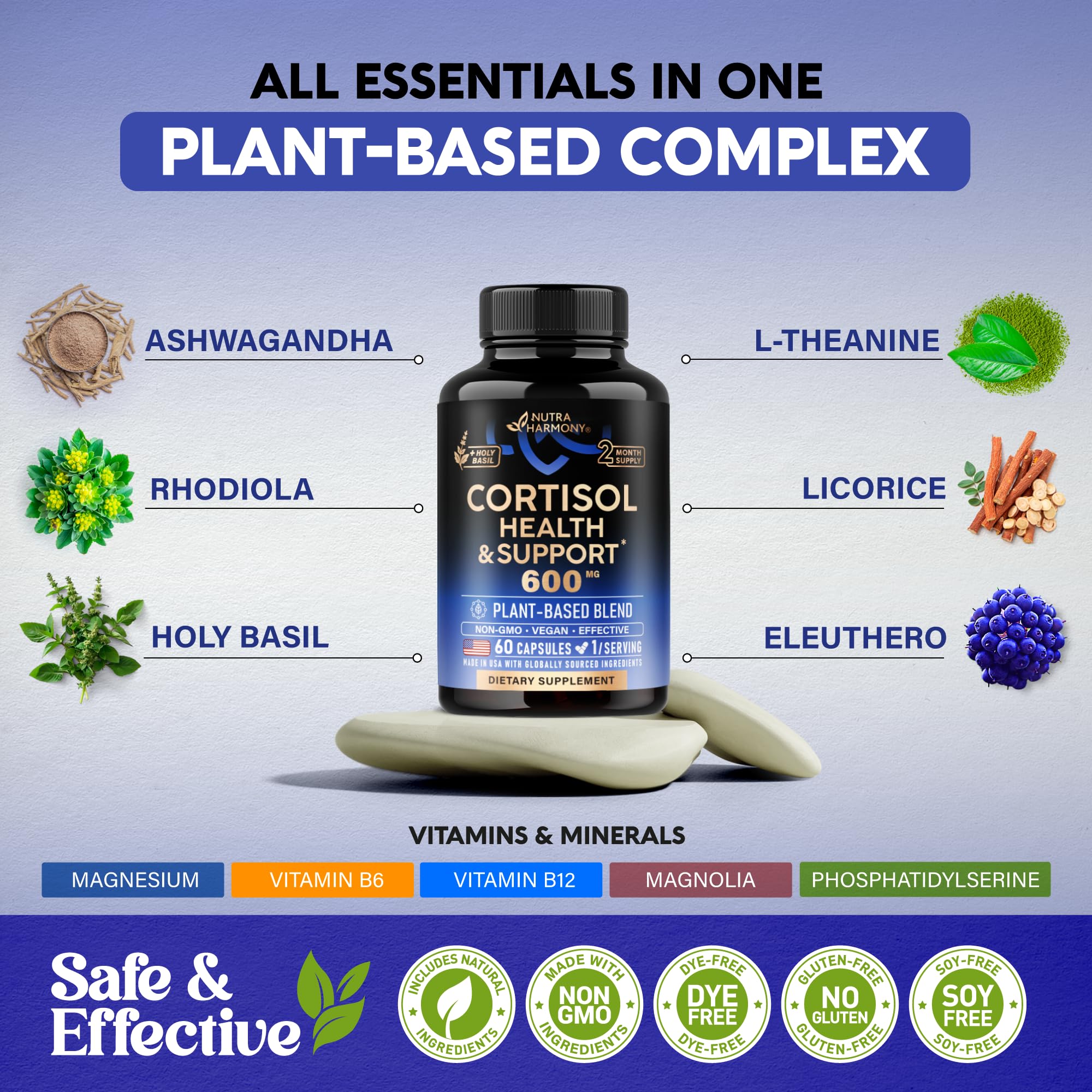 Cortisol Supplement for Women - Holy Basil | Ashwagandha | Rhodiola | L-Theanine - Plant-Based Hormone Balance - Mood, Focus & Sleep Support - Made in USA - Vegan, Non-GMO - 60 Capsules for 2 Months NUTRAHARMONY Au supplements