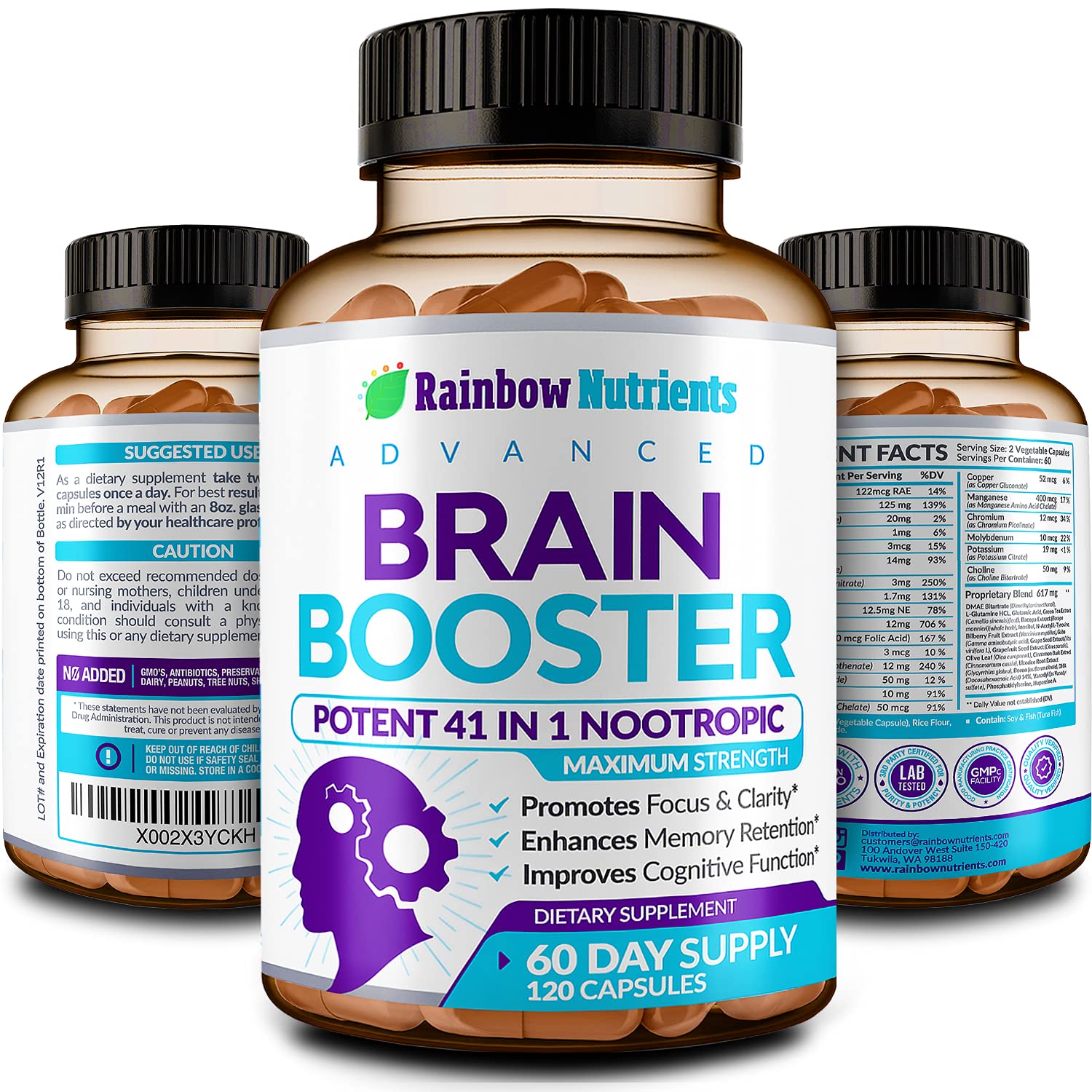 40-in-1 Brain Booster Supplements for Memory, Focus, Clarity, Energy, Performance Rainbow Nutrients, LLC Au supplements