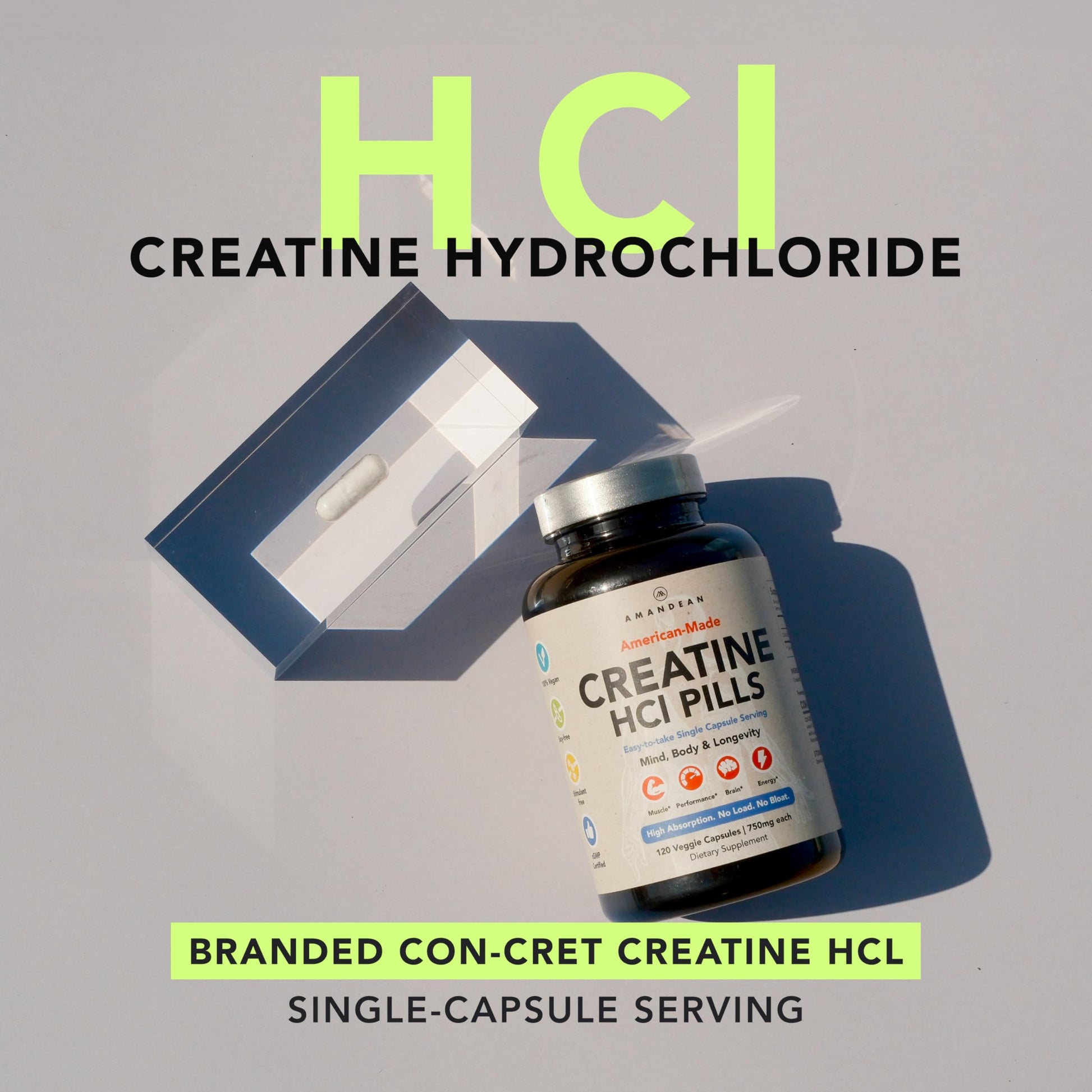 AMANDEAN Creatine HCl Pills. American Made CON-CRET. 120 Capsules. 7X Concentrated vs Monohydrate Powder. No Bloat. Muscle, Energy, Cognitive, Recovery Support for Men & Women. Gluten Free, Non-GMO. AMANDEAN Au supplements