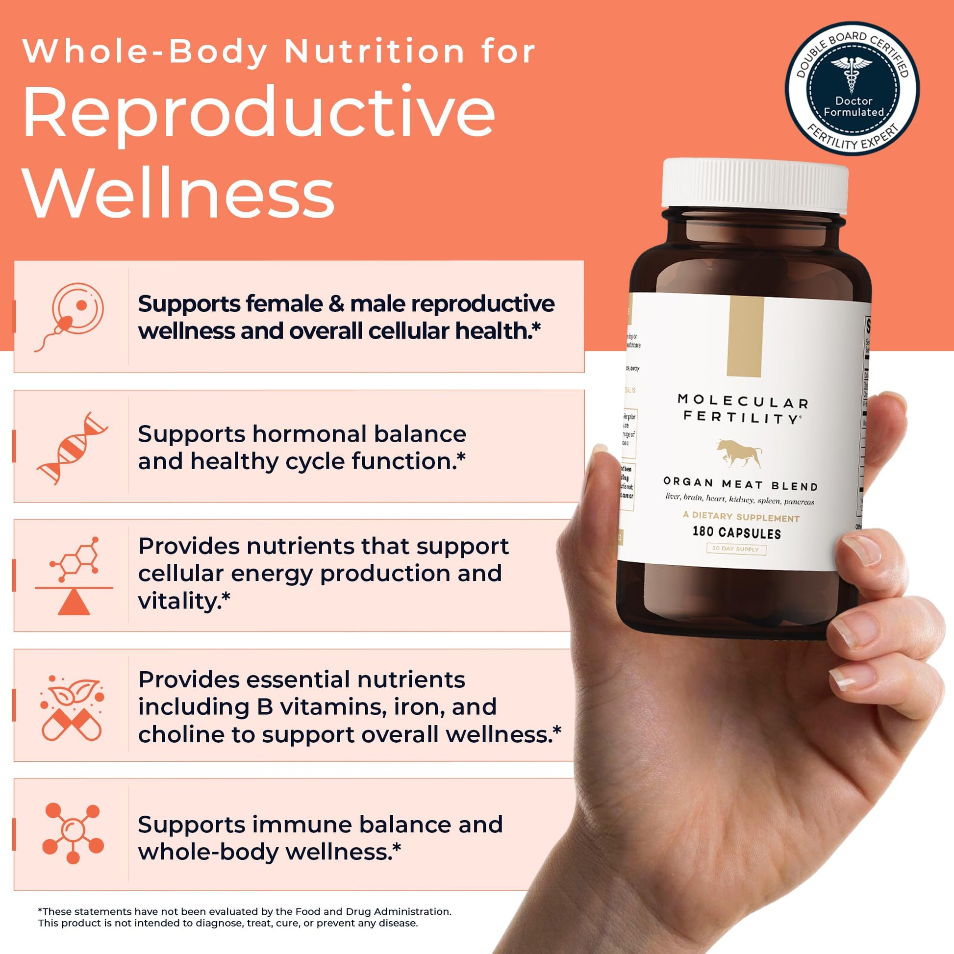 Molecular Fertility Beef Organ Complex - Pasture-Raised, Grass Fed Beef Liver, Brain, Heart, Spleen, Pancreas Blend, Healthy Hormone Balance and Fertility Supplement for Women and Men, 180 Capsules Molecular Fertility Au supplements