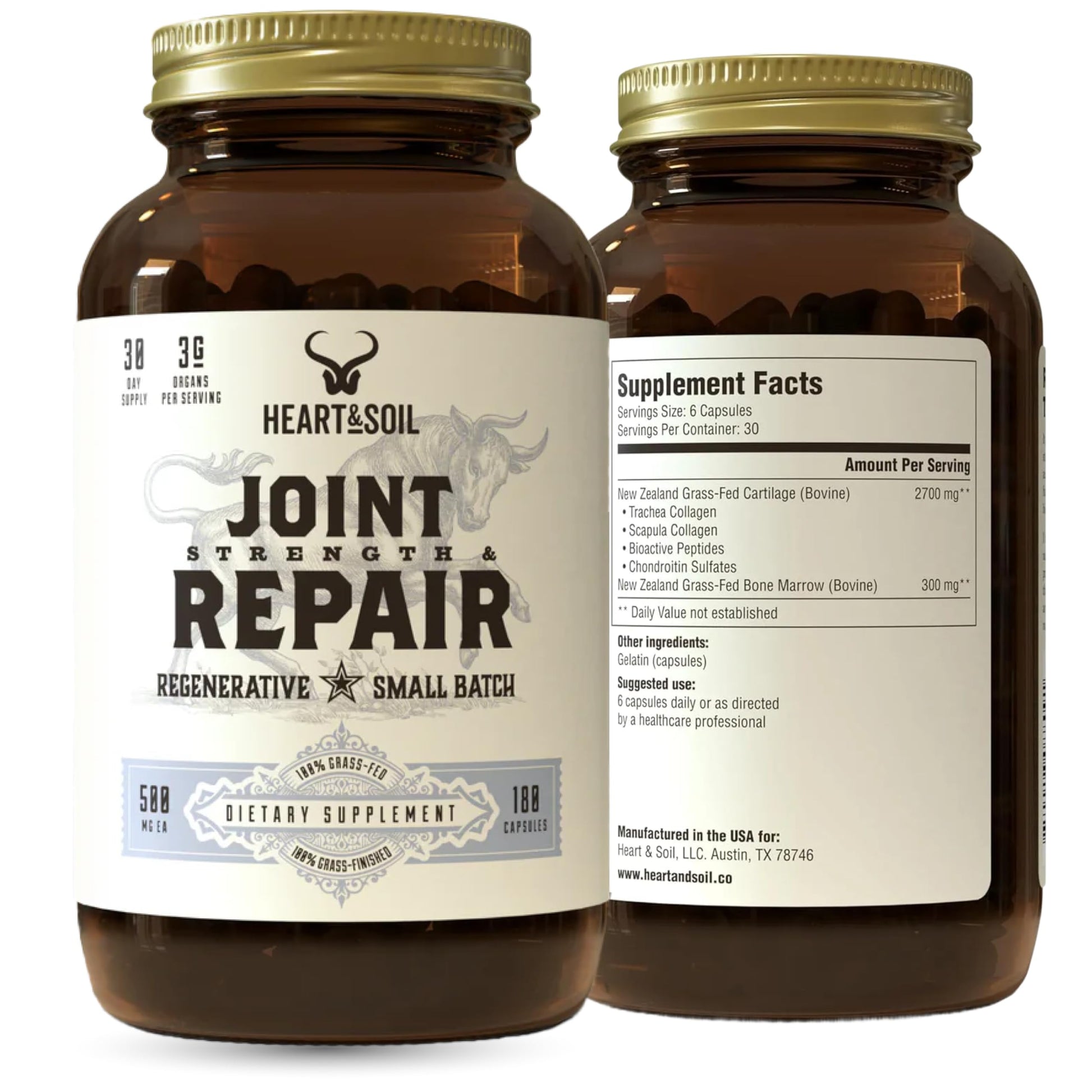 Heart & Soil 100% Grass Fed & Finished Joint Support Supplement from Regenerative Cattle with Trachea, Scapula & Bone Marrow – Supports Joint Strength & Mobility – 3000mg – Glass Bottle – 180 Capsules HEART & SOIL Au supplements