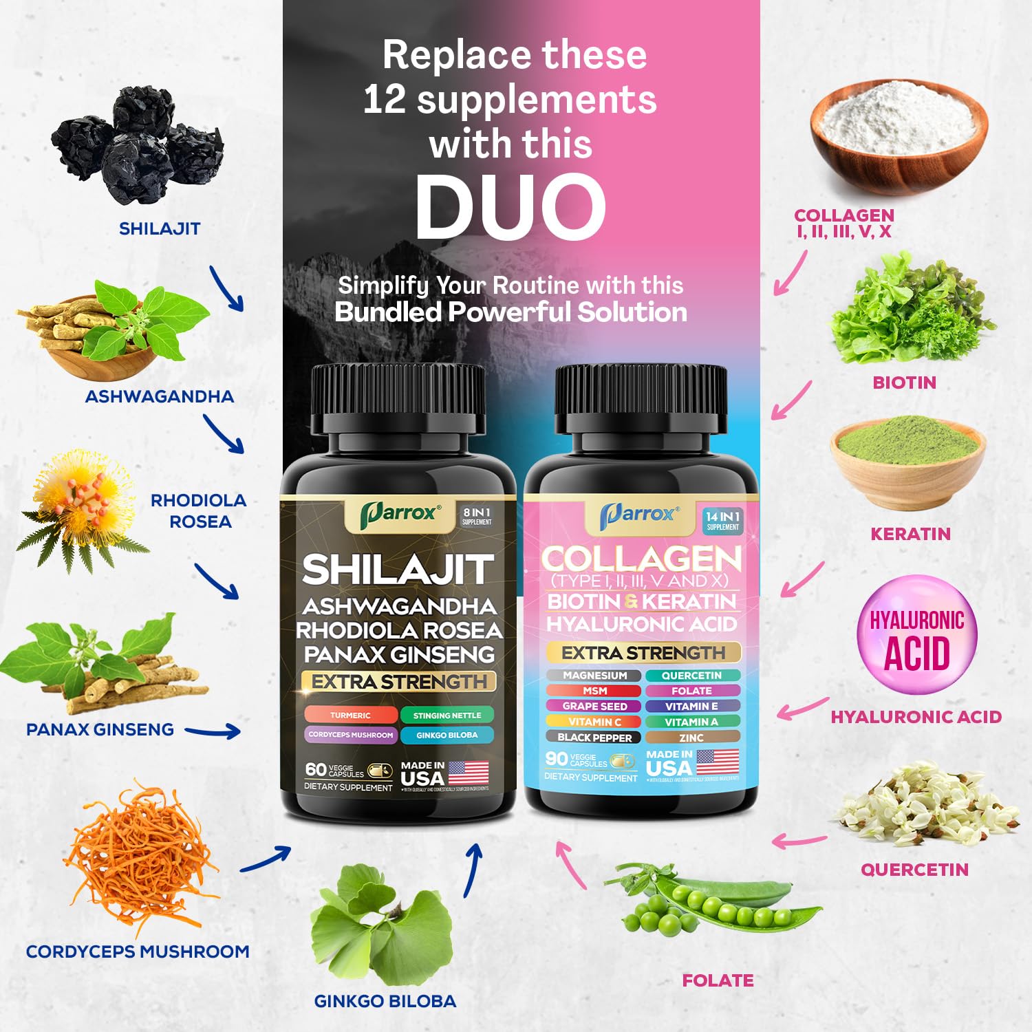 Parrox Adaptogen & Beauty Bundle – Rhodiola, Panax Ginseng, Ashwagandha, Cordyceps, Turmeric, Collagen, Biotin, Keratin, MSM, Hyaluronic Acid, Zinc, Quercetin, Vitamin C, A & E, Folate, Magnesium Parrox Au supplements