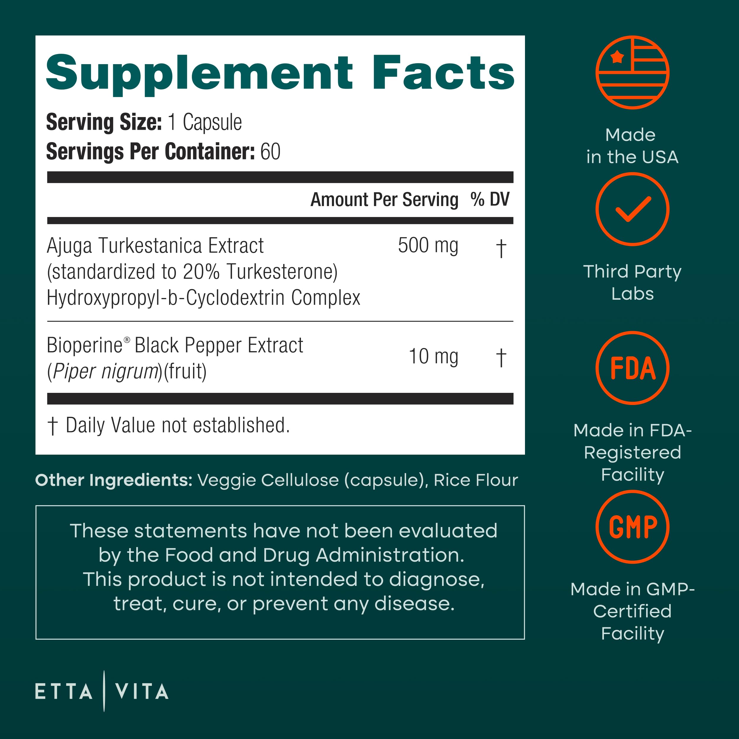 Potent Turkesterone Supplement, 2X Pure (Made in USA - 3rd Party Tested) Most Bioavailable and Natural Test Support Supplement, Supports Energy Lean Muscle Health, Recovery and Stamina, Vegan (60ct) Etta Vita Au supplements