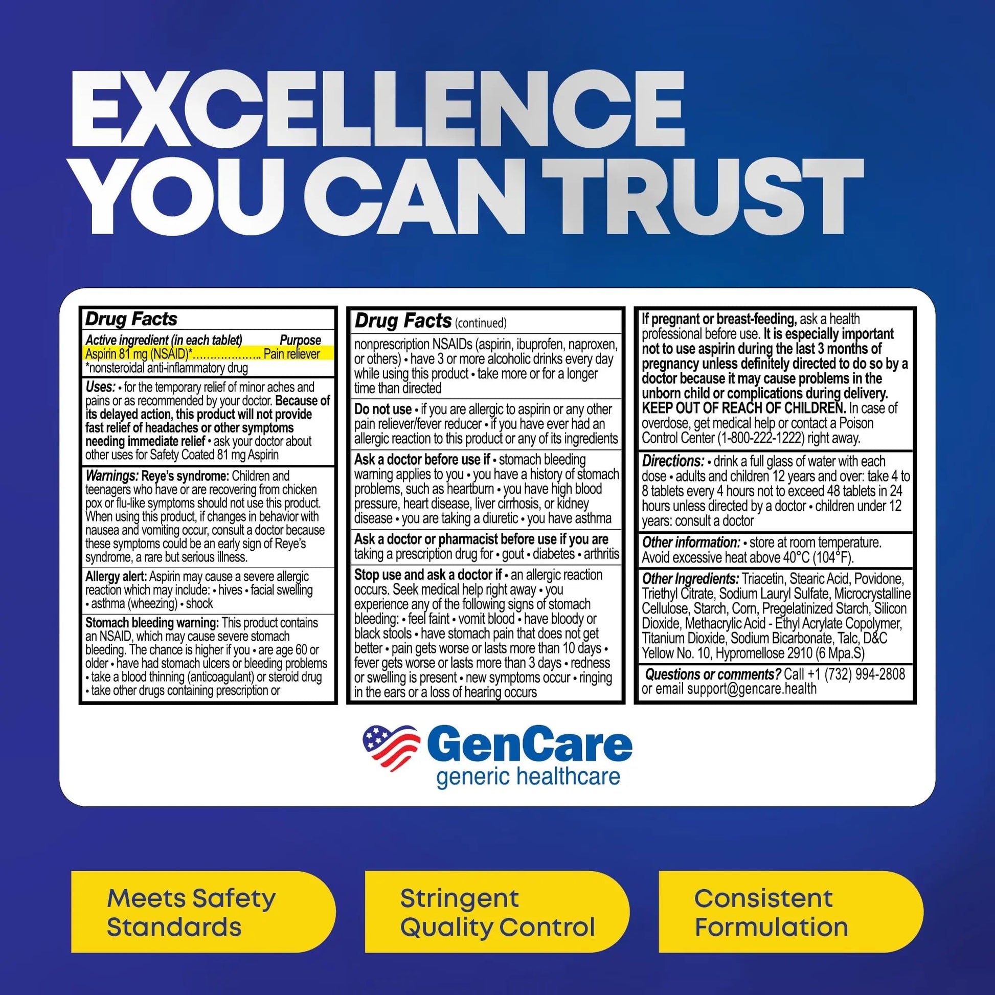 GenCare - Low Dose Aspirin 81mg for Adults Coated (NSAID) 500 Tablets | Adult Low Dose | Enteric Coated Aspirin Pills | Muscle Pain & Menstrual Pain Relief | Fever Reducer | Generic Bayer GenCare Au supplements