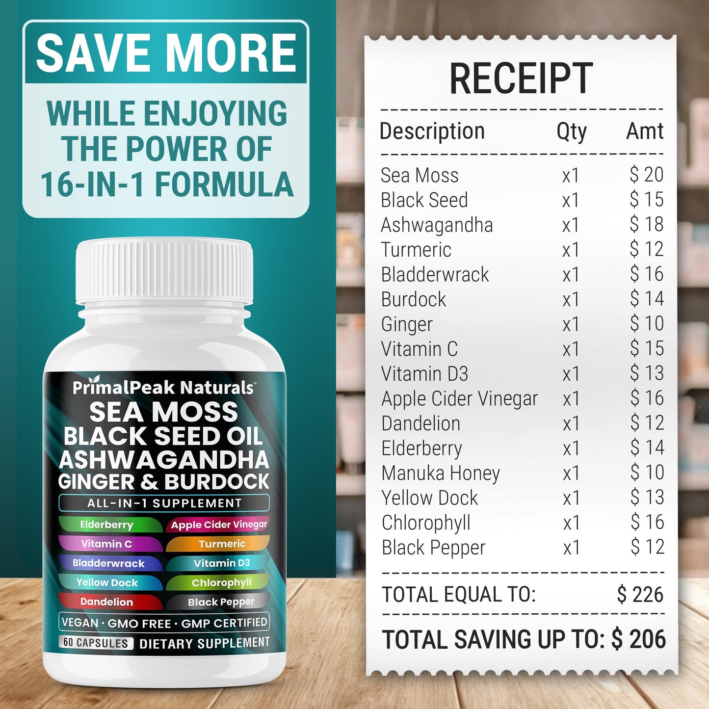 PrimalPeak Naturals Sea Moss Black Seed Oil Ashwagandha Ginger Burdock Bladderwrack Turmeric & Vitamin C Vitamin D3 with ACV Elderberry Chlorophyll Dandelion Yellow Dock Vegan Capsules - 60 Count PrimalPeak NaturalsAu supplements