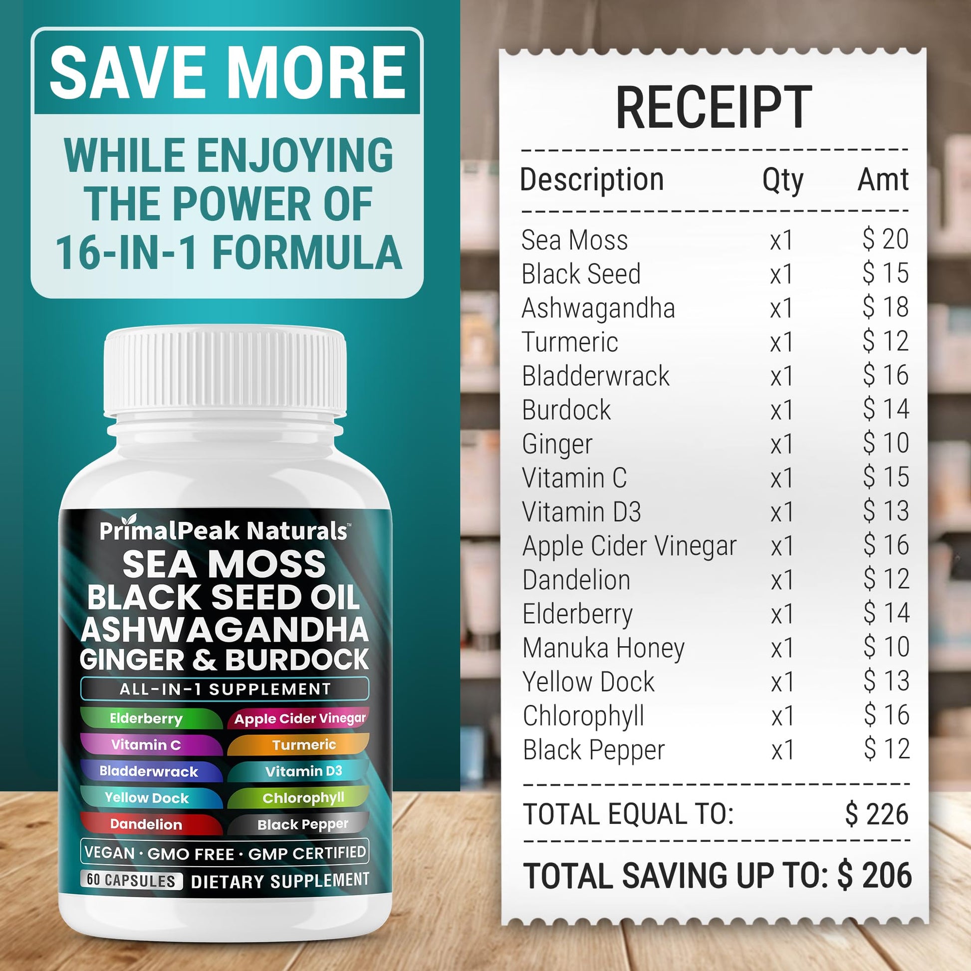 PrimalPeak Naturals Sea Moss Black Seed Oil Ashwagandha Ginger Burdock Bladderwrack Turmeric & Vitamin C Vitamin D3 with ACV Elderberry Chlorophyll Dandelion Yellow Dock Vegan Capsules - 60 Count PrimalPeak NaturalsAu supplements