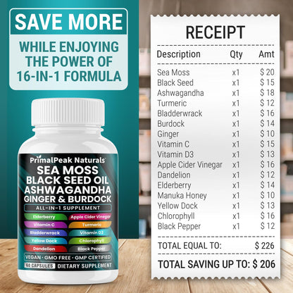 PrimalPeak Naturals Sea Moss Black Seed Oil Ashwagandha Ginger Burdock Bladderwrack Turmeric & Vitamin C Vitamin D3 with ACV Elderberry Chlorophyll Dandelion Yellow Dock Vegan Capsules - 60 Count PrimalPeak NaturalsAu supplements
