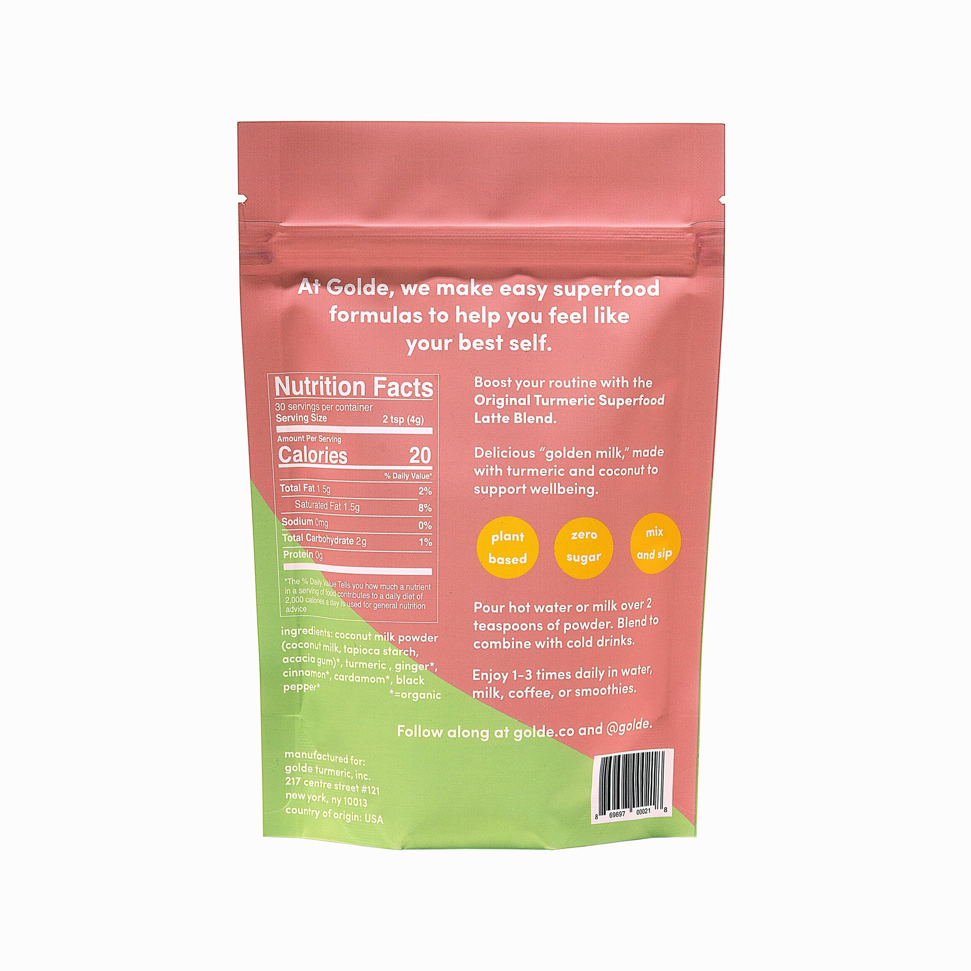 GOLDE - Superfood Latte Blend - Original Turmeric - Plant-Based w/Coconut, & Ginger - Vegan, Keto, Sugar-Free - 30 Servings GOLDE Au supplements