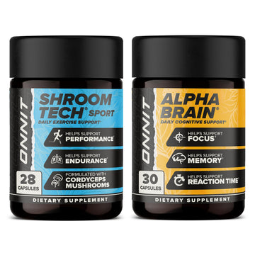 ONNIT Cognitive & Endurance Support Bundle: Alpha Brain Nootropic Capsules (30 Count) + Shroom Tech Sport Exercise Support Capsules (28 Count), IGEN Non-GMO Tested Focus, Energy & Endurance, 2 Pack ONNIT Au supplements