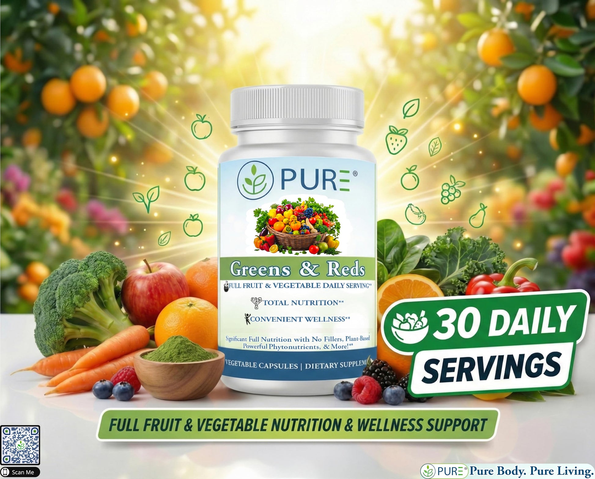PURE® Greens & Reds Capsules - 30 Servings - 9 Daily Servings of Fruits & Vegetables in 1 Capsule - PhytoServ® Superfood Blend with Broccoli, Kale & Berries - Plant-Based Phytonutrient Shield PURE Au supplements