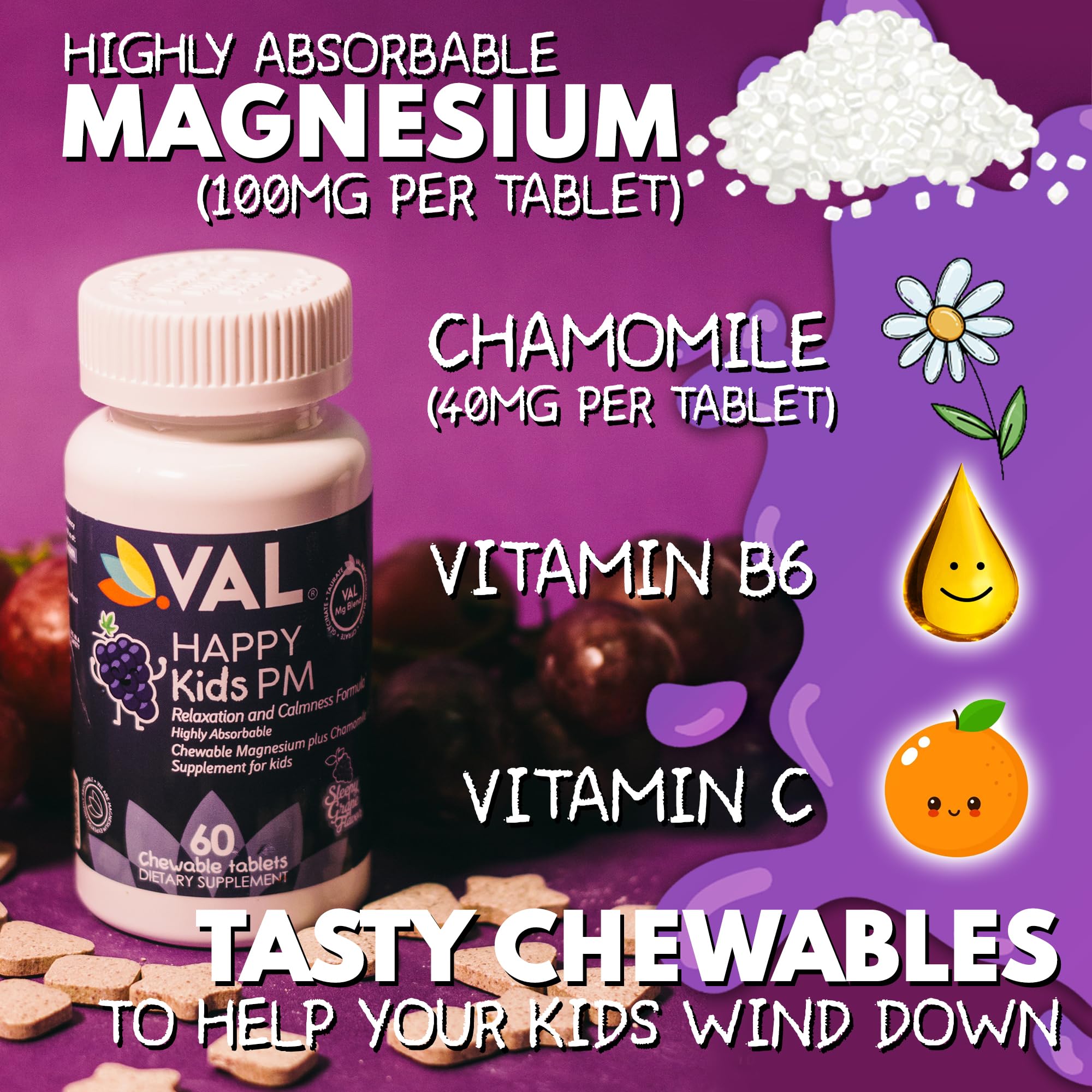 VAL Kids PM Magnesium Gummies | Sugar-Free Chewable Tablets with Chamomile, Magnesium Glycinate + Citrate + Taurate | Vitamin B6 & C | Natural Grape Flavor | Sleep & Calm Support | 60 Ct | Ages 4+ VAL Au supplements