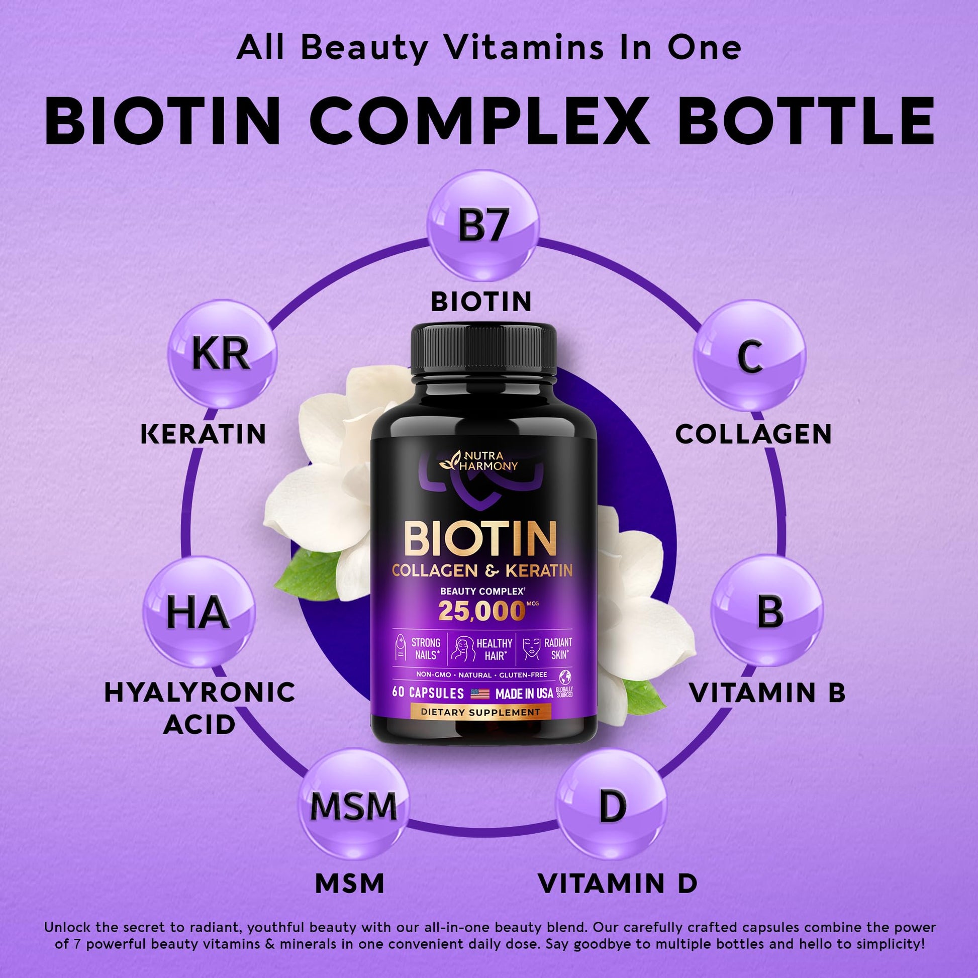 Biotin | Collagen | Keratin | Hyaluronic Acid - Hair Growth Support Pills, 25000 mcg NUTRAHARMONY Au supplements