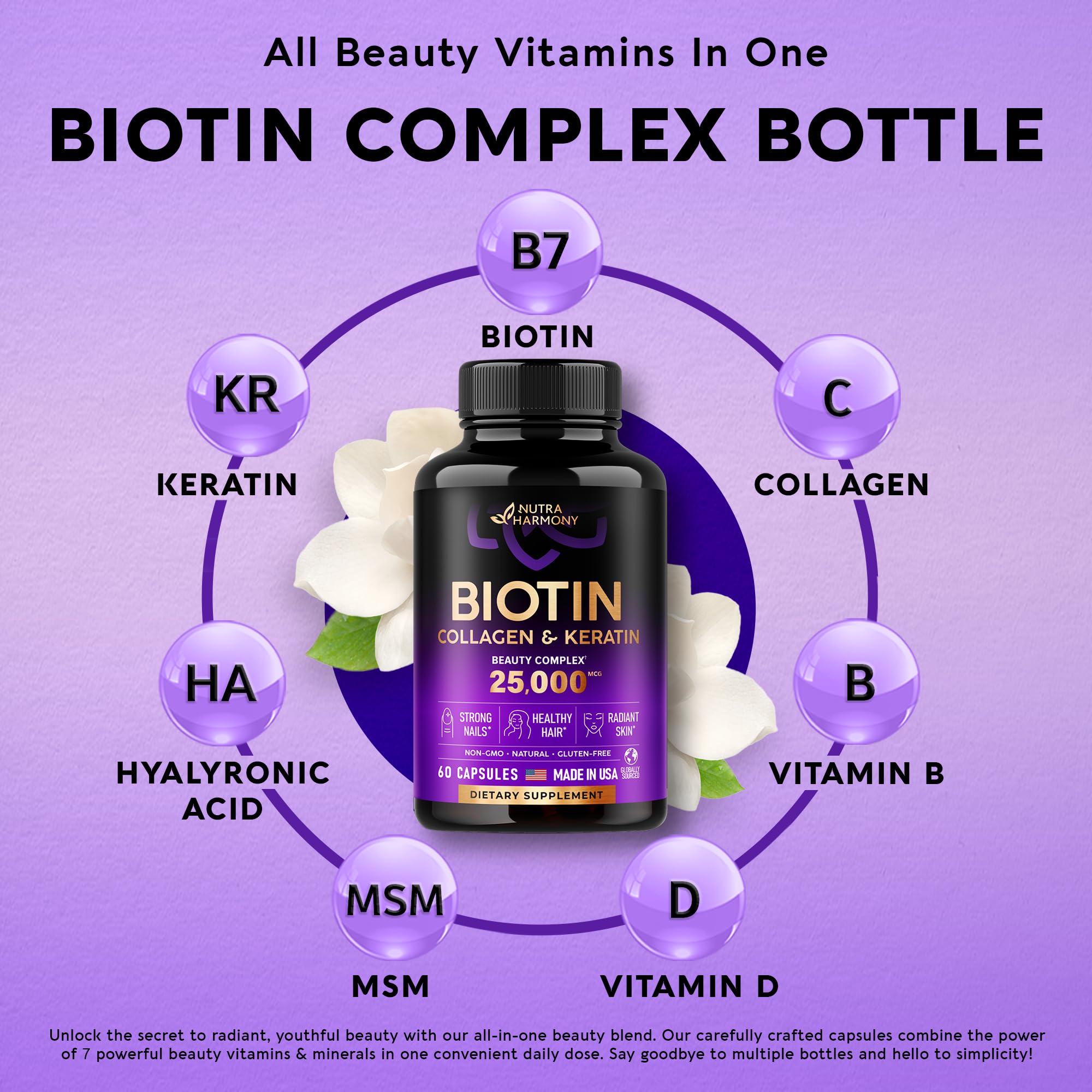 Biotin | Collagen | Keratin | Hyaluronic Acid - Hair Growth Support Pills, 25000 mcg NUTRAHARMONY Au supplements