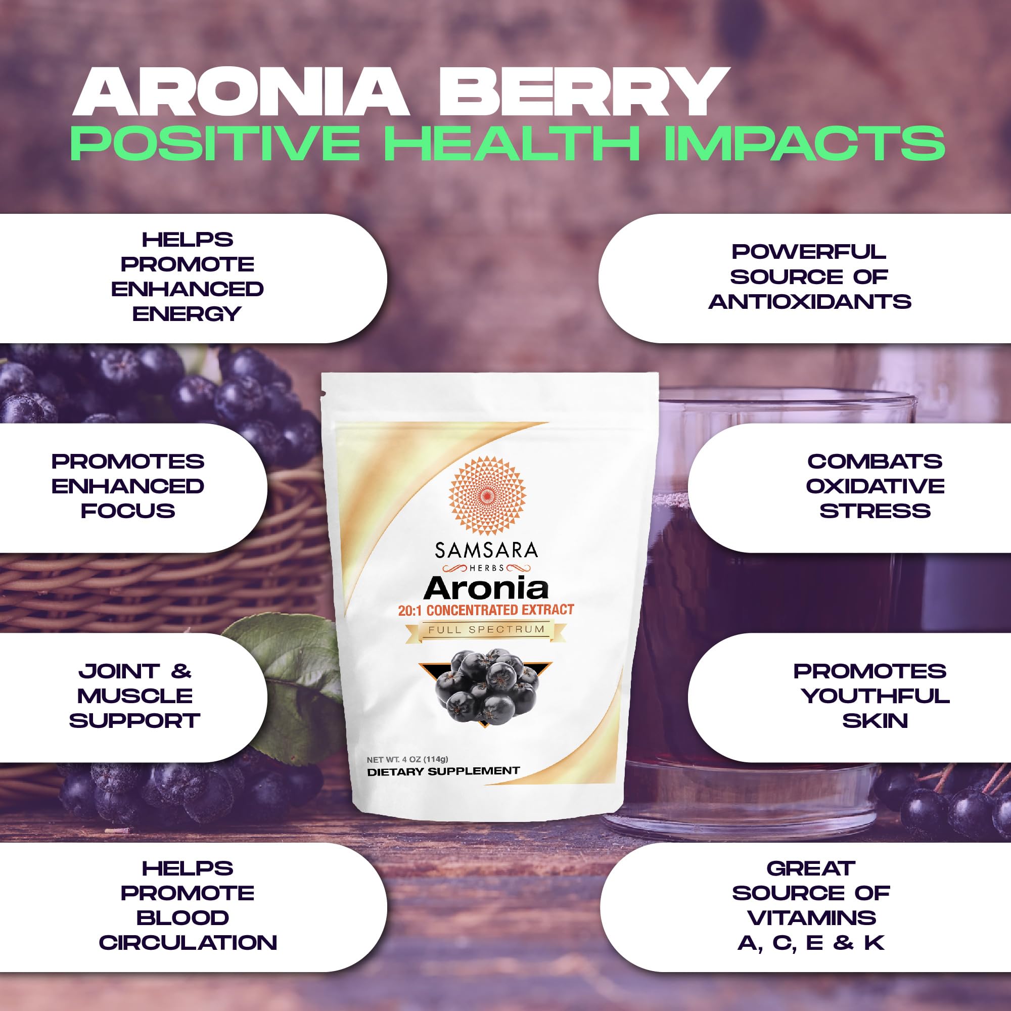 Samsara Herbs Aronia Berry 20:1 Extract Powder (16oz/454g) - Antioxidant, Flavonoids and Polyphenols Supplement - High ORAC - Native American Berry - Improved Wellbeing Samsara Herbs Au supplements