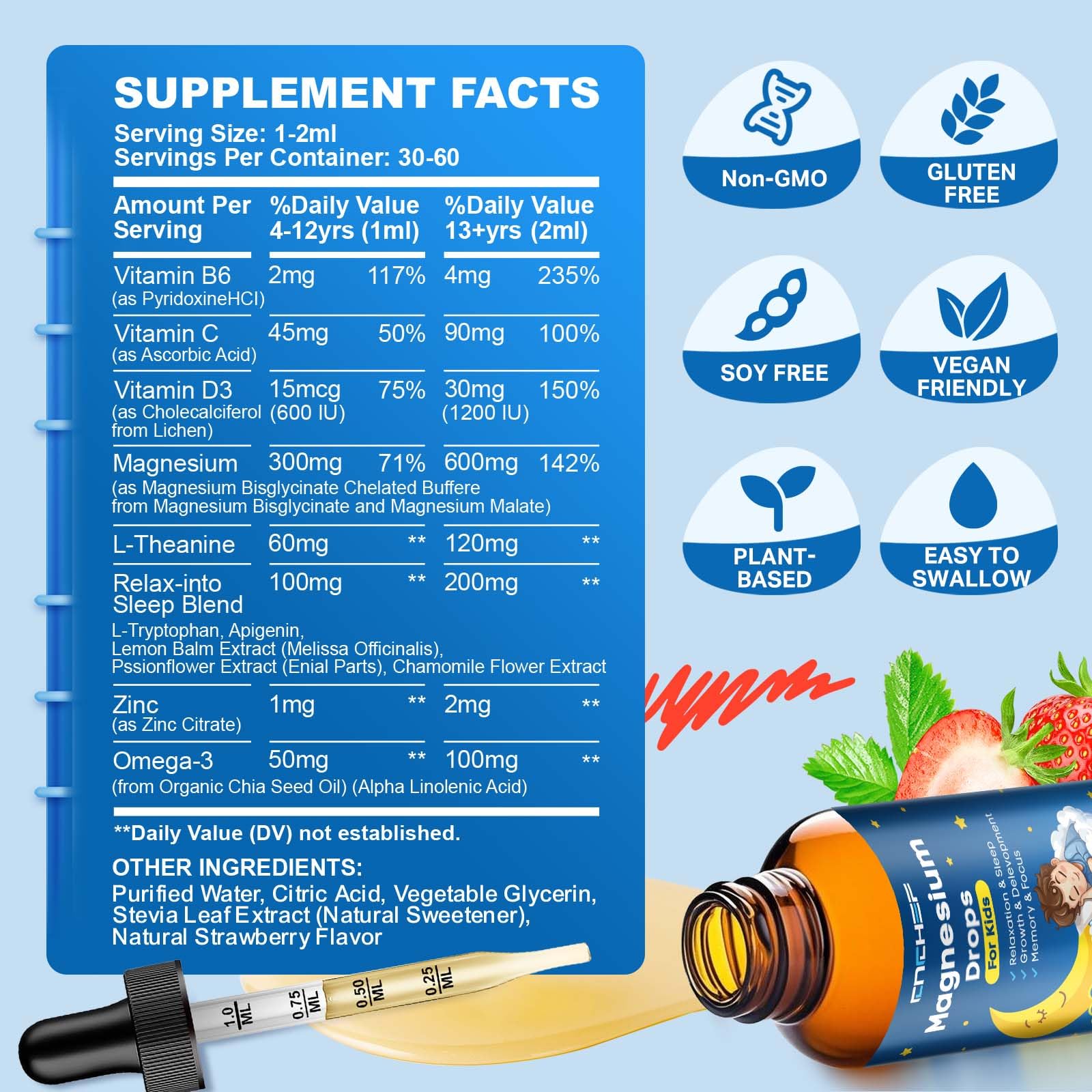 Magnesium Drops - Magnesium Glycinate Liquid Drops for Kids - Calm, Sleep, Relaxation, Bones, Brain Support with Vitamin B6, C, D3, Omega-3, L-Theanine, Zinc, Multivitamins - Strawberry Flavor 2 Fl Oz CNCHEF Au supplements