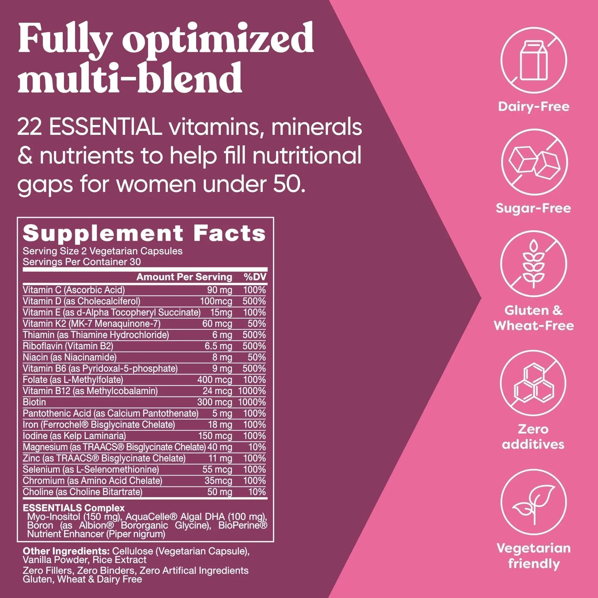 Next Gen Multivitamin for Women – 22 Optimized Vitamins for Immunity, Beauty, Brain, Energy, Bones and Heart – Vitamin C, D, E, K, Iron, B6 and DHA Eu Natural Au supplements