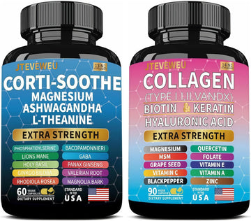 JTEVEweu Shining Serenity Set, Cortisol Support with Ashwagandha, L-Theanine, Magnesium, Lions Mane, GABA, Bacopa Monnieri, Collagen Biotin, Keratin, Hyaluronic Acid, Quercetin JTEVEweu Au supplements