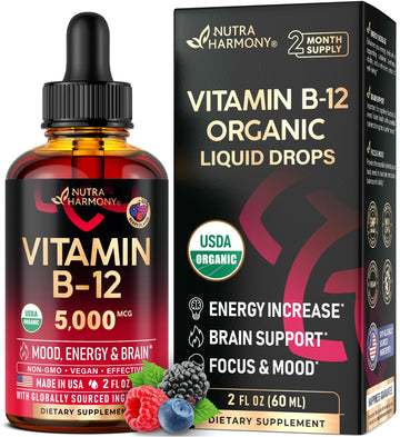 USDA Organic Vitamin B12 Sublingual Drops - 5000 mcg Liquid Vegan Methylcobalamin for Women & Men - Energy Boost, Focus & Mood, Brain Health Support