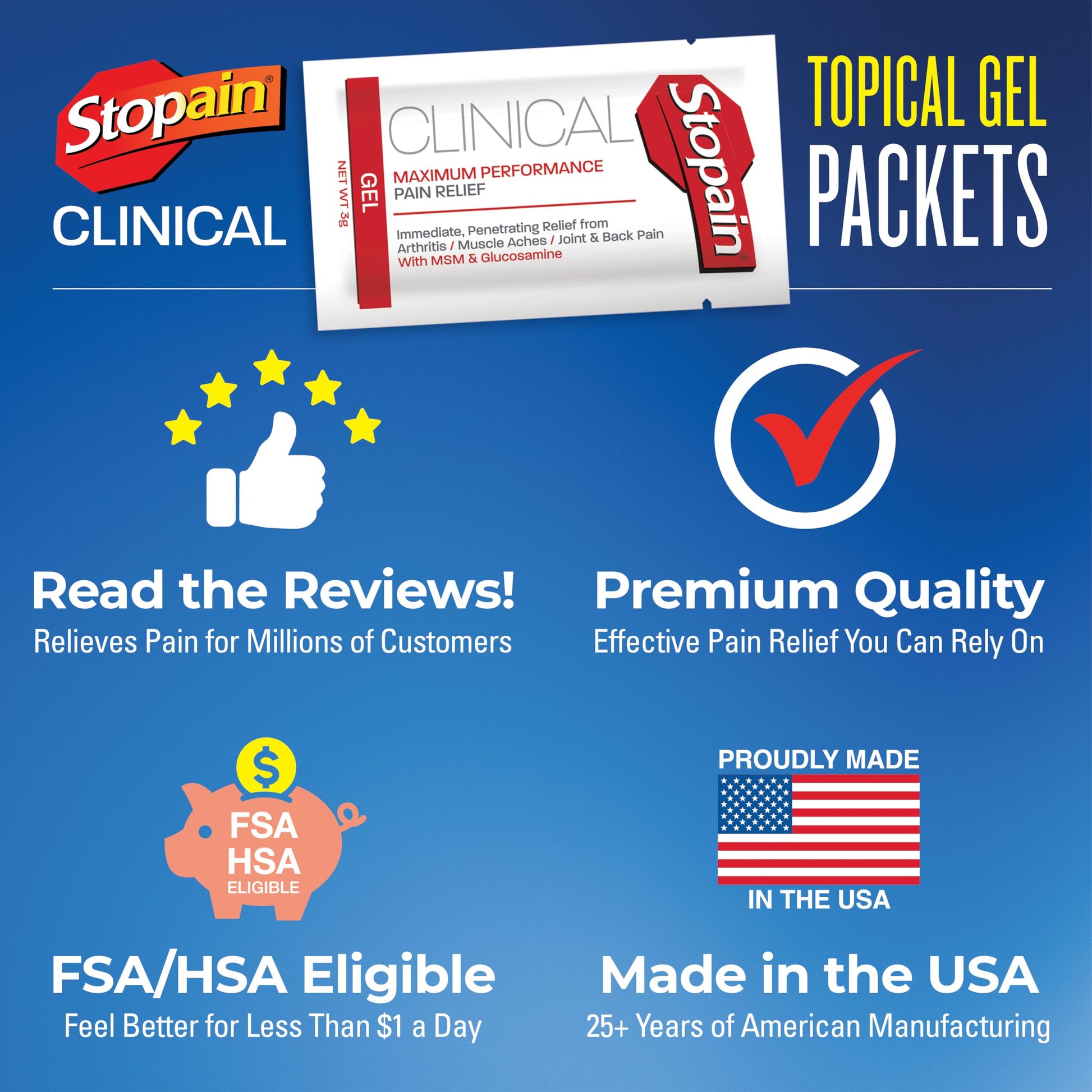 Stopain Pain Relief Clinical Gel Packets, 50 Pack, Made in USA, Maximum Performance Pain Relief with 10% Menthol Plus Glucosamine for Muscle Aches, Joint Pain, and Arthritis Stopain Au supplements