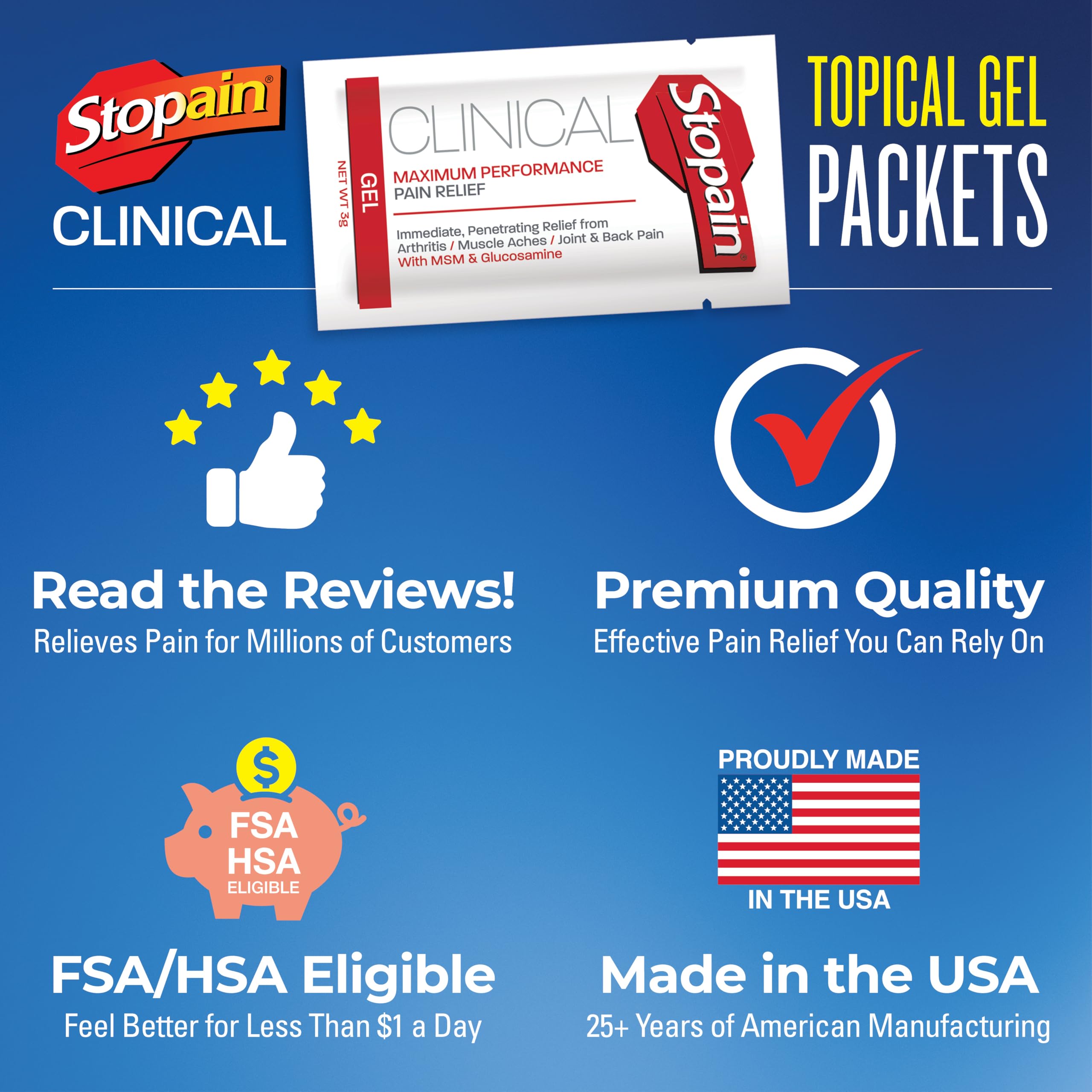 Stopain Pain Relief Clinical Gel Packets, Made in USA, Maximum Performance Pain Relief with 10% Menthol Plus Glucosamine for Muscle Aches, Joint Pain, and Arthritis (100 Pack) Stopain Au supplements
