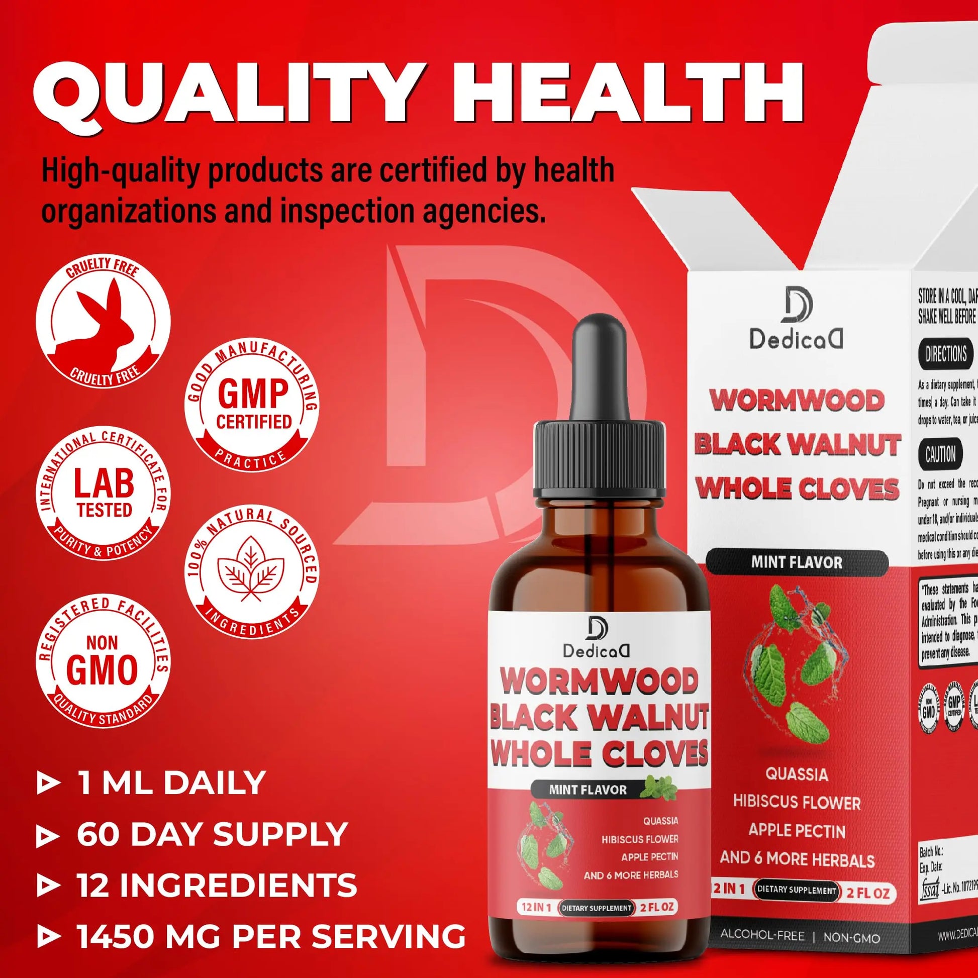 DEDICAD 12in1 Wormwood Liquid Drops Added Black Walnut, Whole Cloves and 9 More Herbs - 2 Fl Oz - 60 Days Supply - Mint Flavor DEDICAD Au supplements