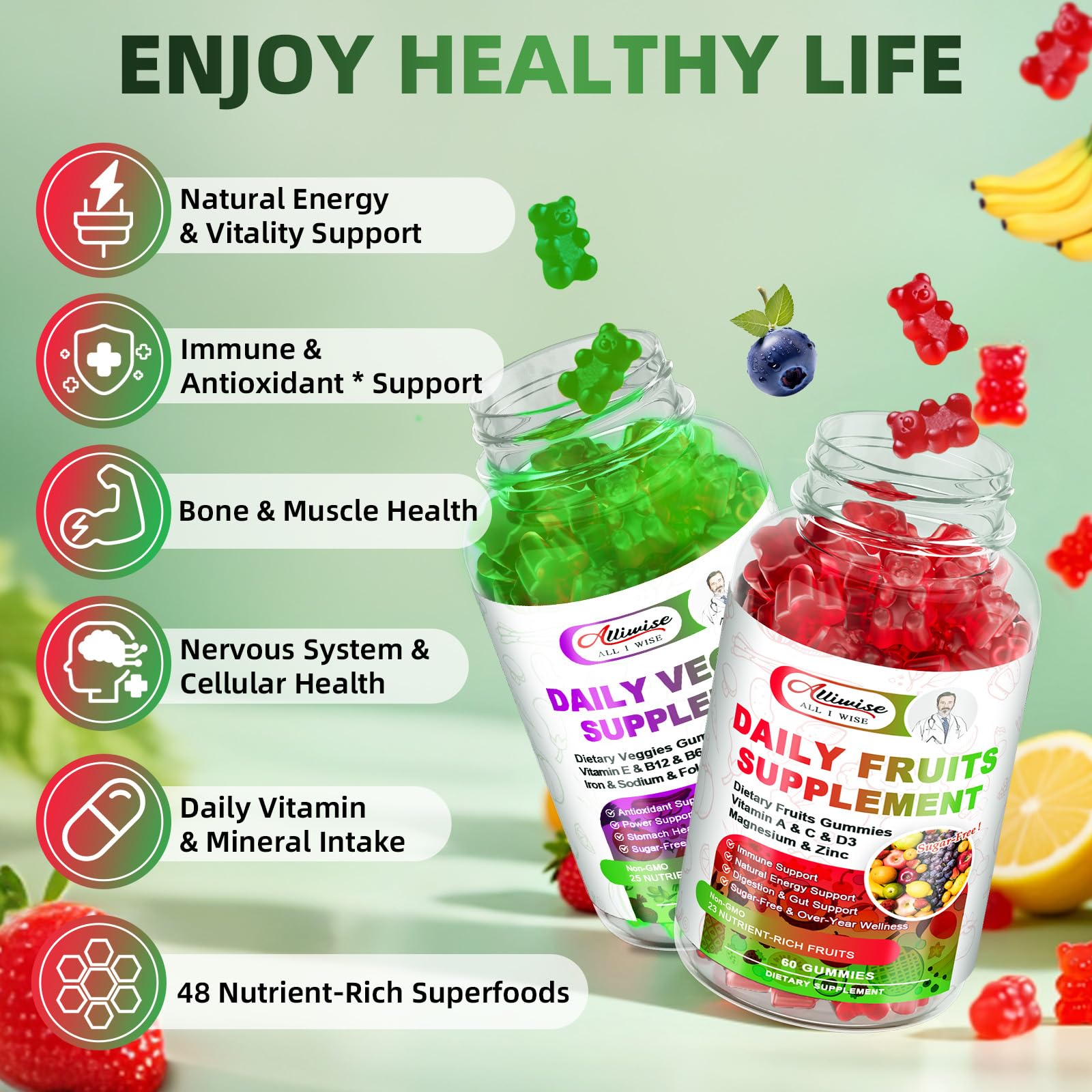 Sugar-Free Fruits & Veggies Gummies, Super Greens with 23 Fruits & 25 Veggies, Multivitamin Minerals & Fiber, Vegan Fruit & Vegetable Supplement for Adults, 120 Gummies, 2 Month Supply Alliwise Au supplements