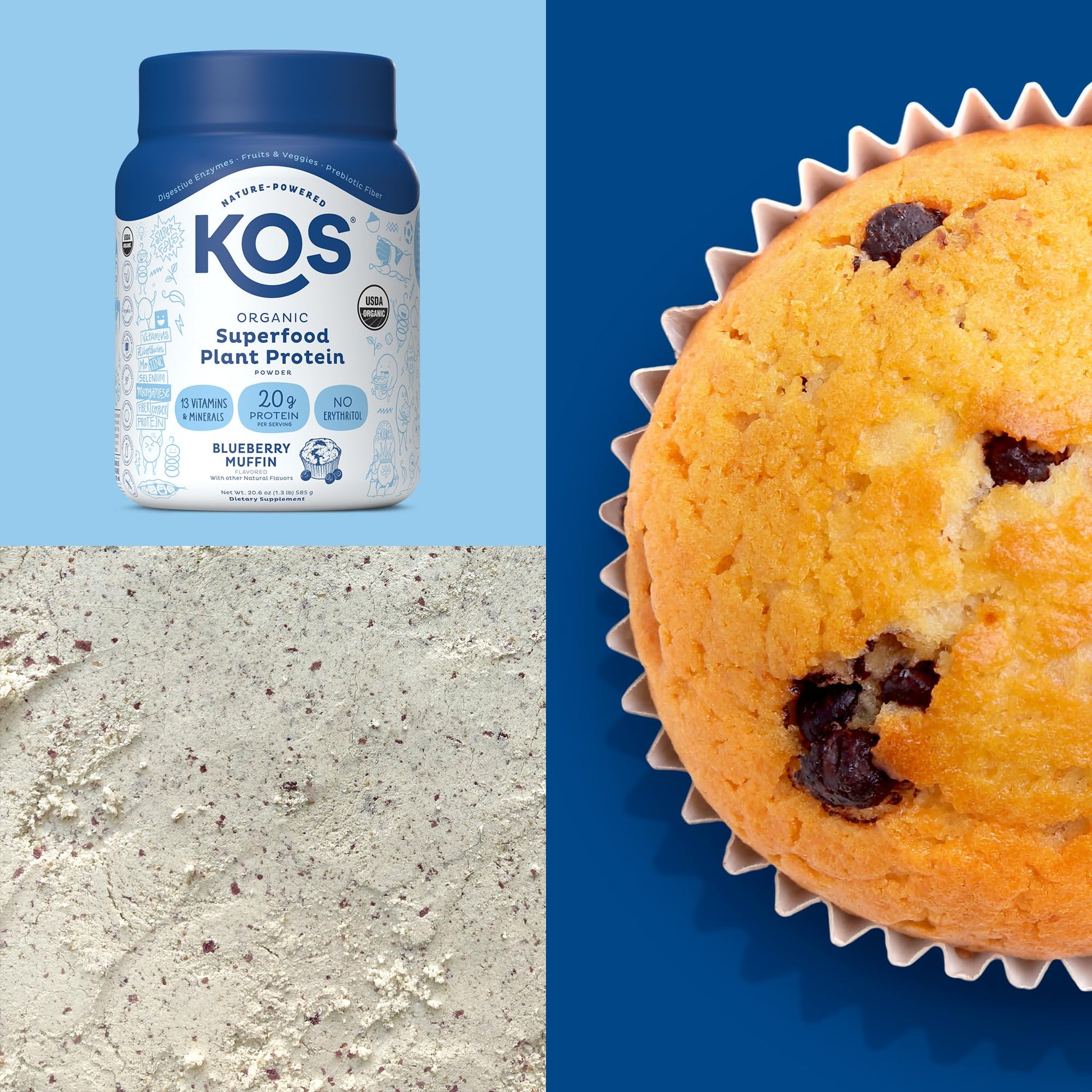 KOS Plant Based Protein Powder, Blueberry Muffin - Organic Pea Protein Superfood KOS Au supplements
