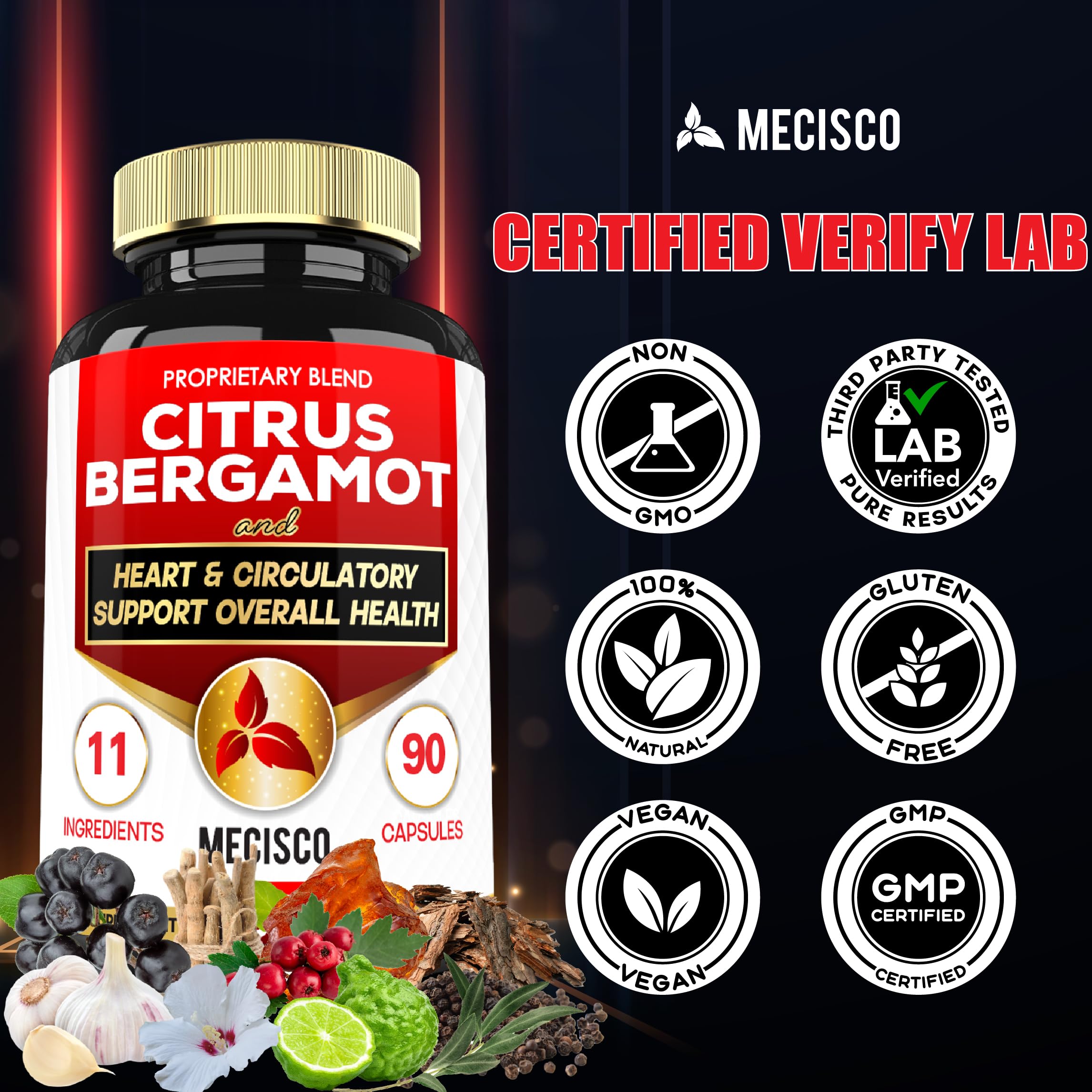 Mecisco 11 in 1 Citrus Bergamot Supplement 1000mg with Black Chokeberry, Berberine HCl & More - 90 Capsules - Supports Heart Health, Immune System, Energy Production Mecisco Au supplements