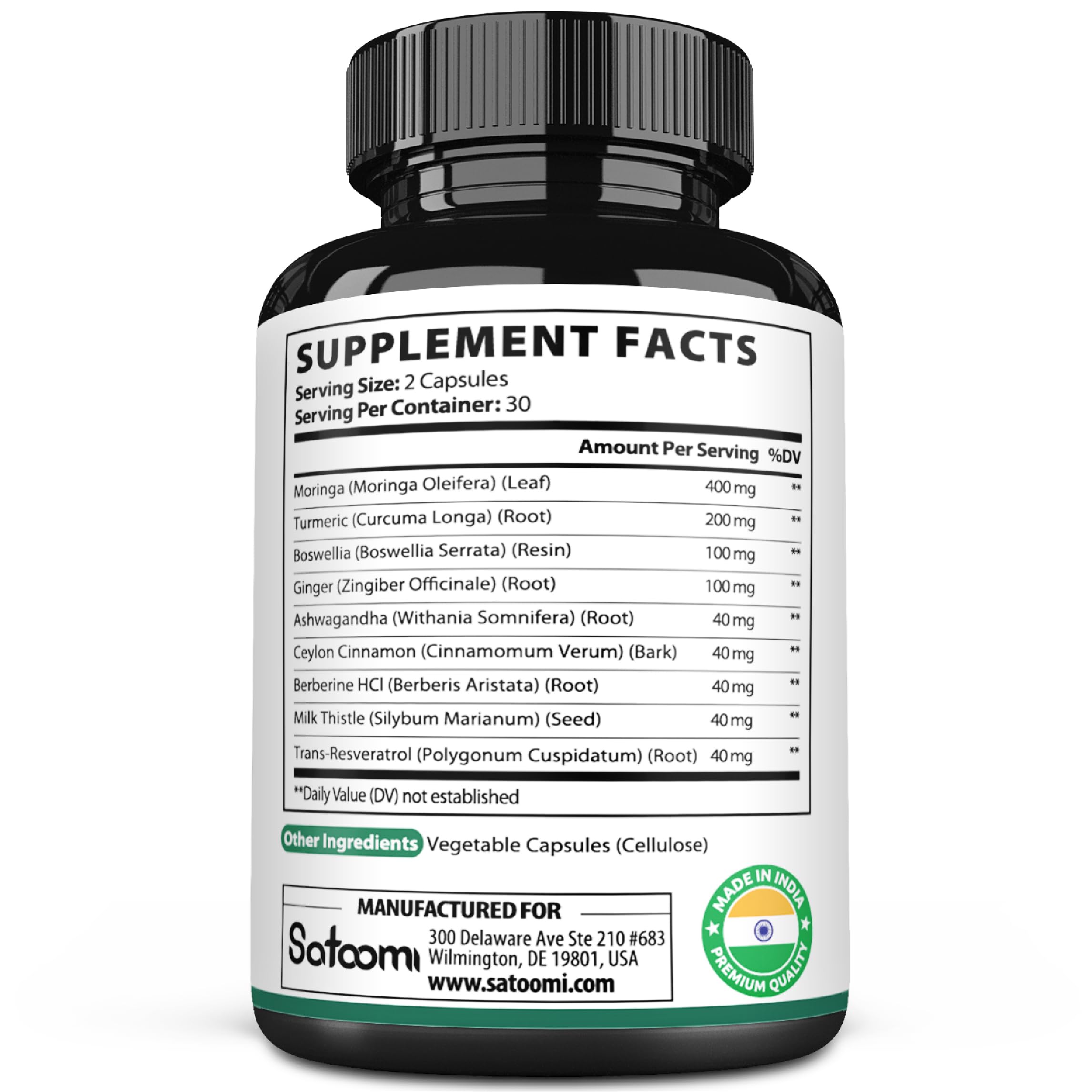 Satoomi 9in1 Moringa Capsules - Featuring Moringa, Turmeric, Boswellia, Ginger, Ashwagandha, Ceylon Cinnamon and Milk Thistle, and Resveratrol | Support Mood, Heart & Overall Health - 60 Count Satoomi Au supplements