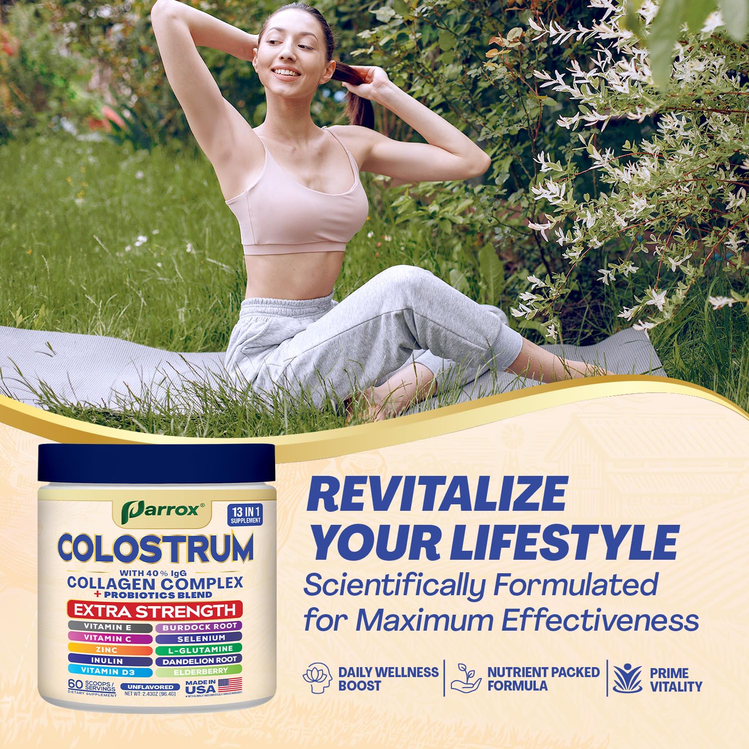 Parrox Colostrum Powder with 40% IgG, Collagen, Probiotics, Burdock Root, L-Glutamine, Elderberry, Vitamin C, Vitamin E, Vitamin D3, Inulin, Selenium, Dandelion Root, Zinc, 60 Servings (Unflavored) Parrox Au supplements