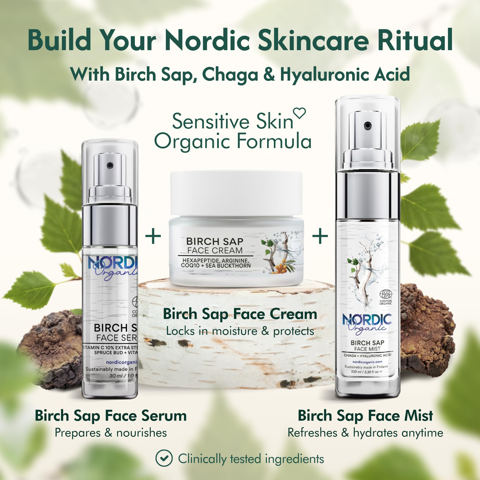 Nordic Organic Birch Sap Face Mist – COSMOS Certified Organic Formula with Hyaluronic Acid & Chaga Mushroom, Fragrance Free, Made in Finland 3.38 oz (100 ml), 1 Bottle Nordic Organic Au supplements